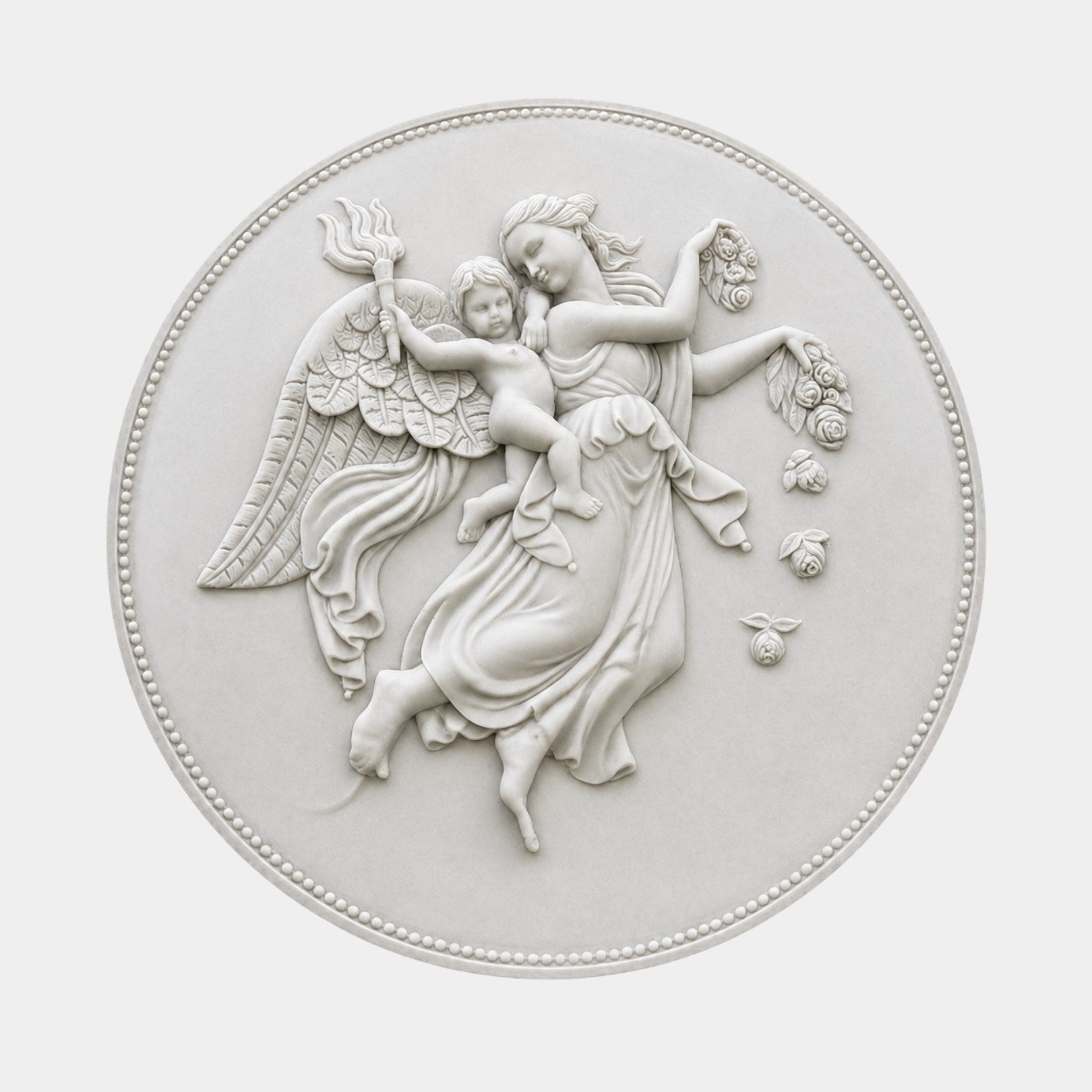 White marble relief roundel 80cm with a winged figure carrying a torch-bearing child
