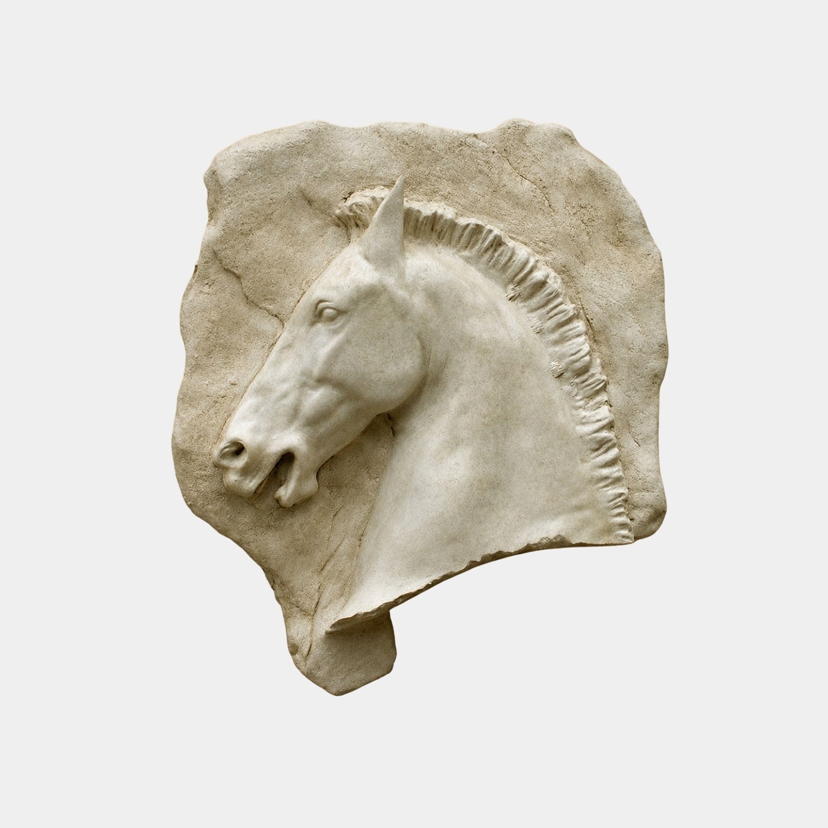 Cream marble horse head in high relief 80cm emerging from a rough-hewn slab