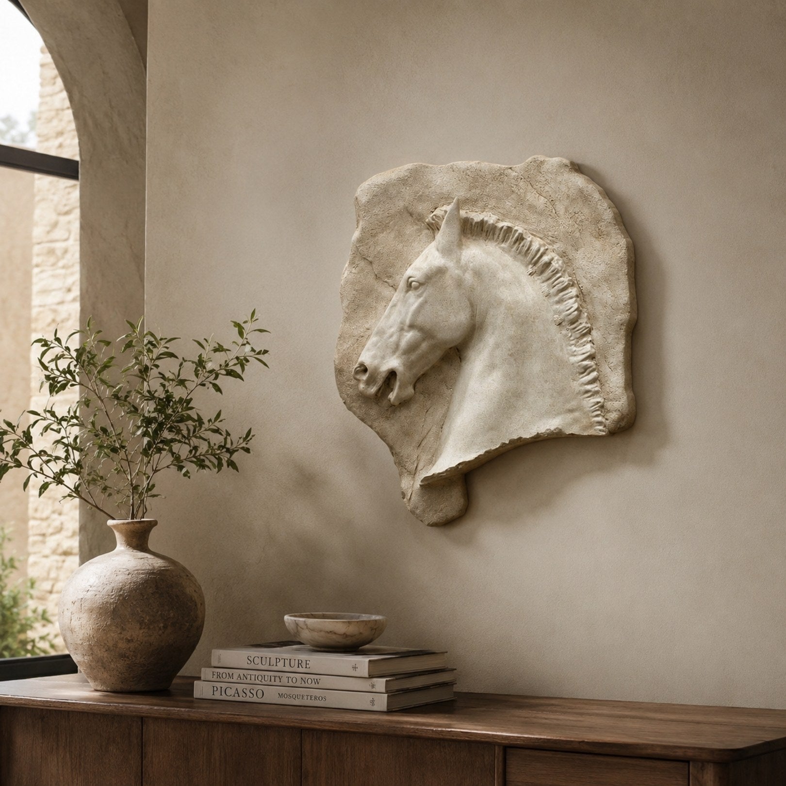 Marble horse head relief with antiqued rough ground shown on a wall