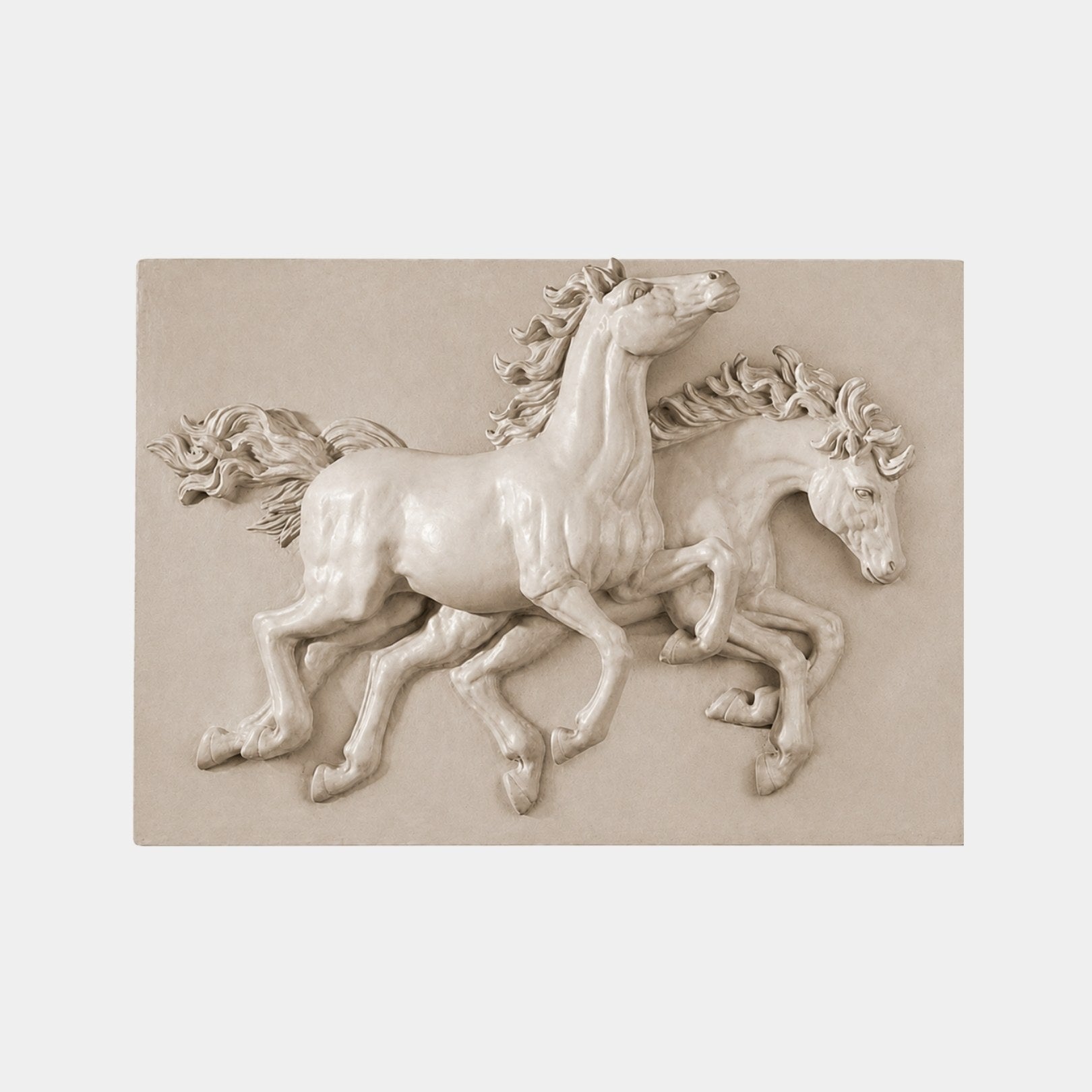 Warm greige marble relief panel 80cm with two horses at a canter in high relief