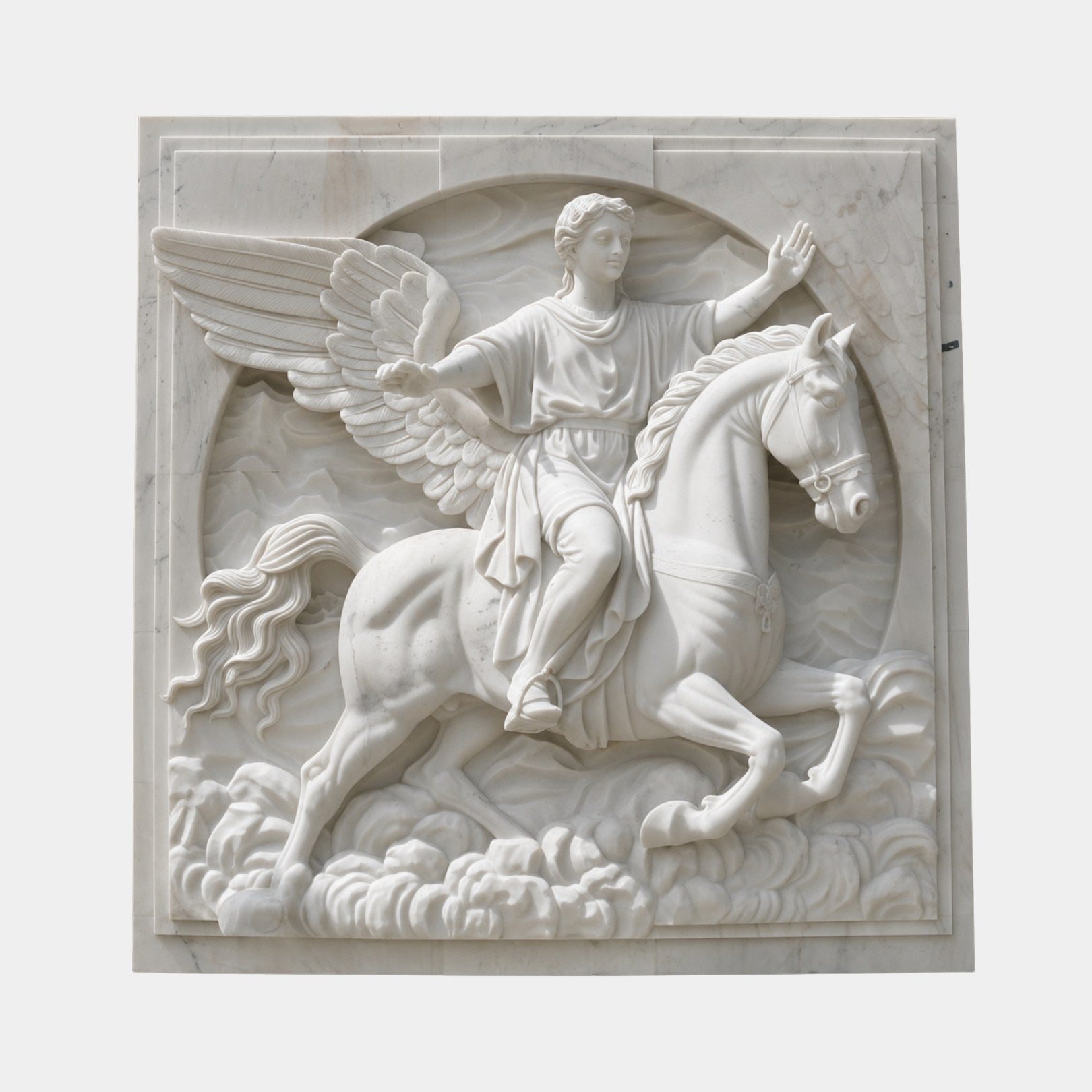 White marble relief panel 180cm with a winged rider on horseback above cloud