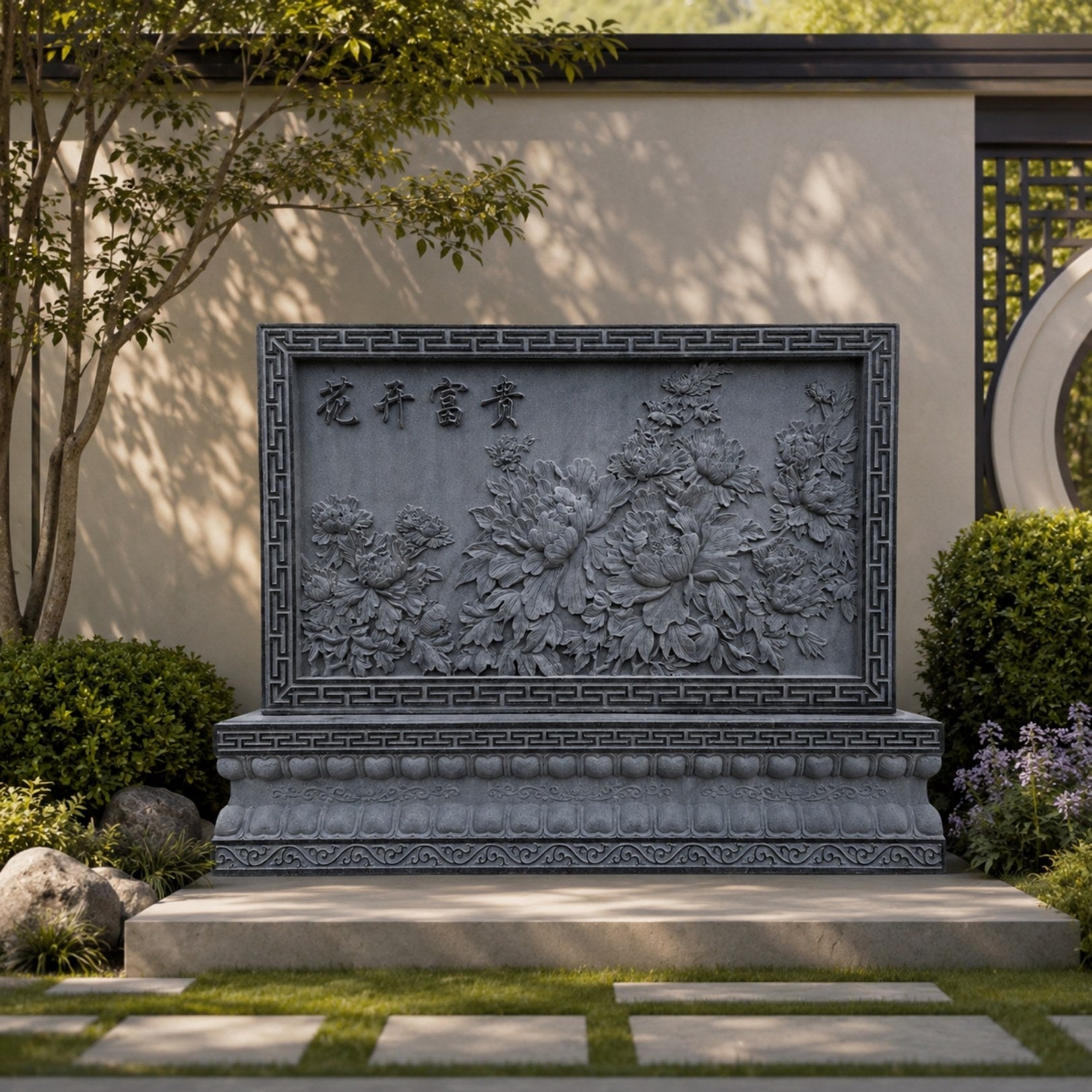 Granite peony screen shown freestanding in a garden setting