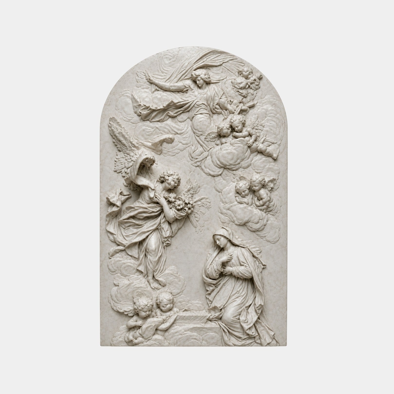 White marble Annunciation relief panel 300cm with Gabriel and the kneeling Virgin