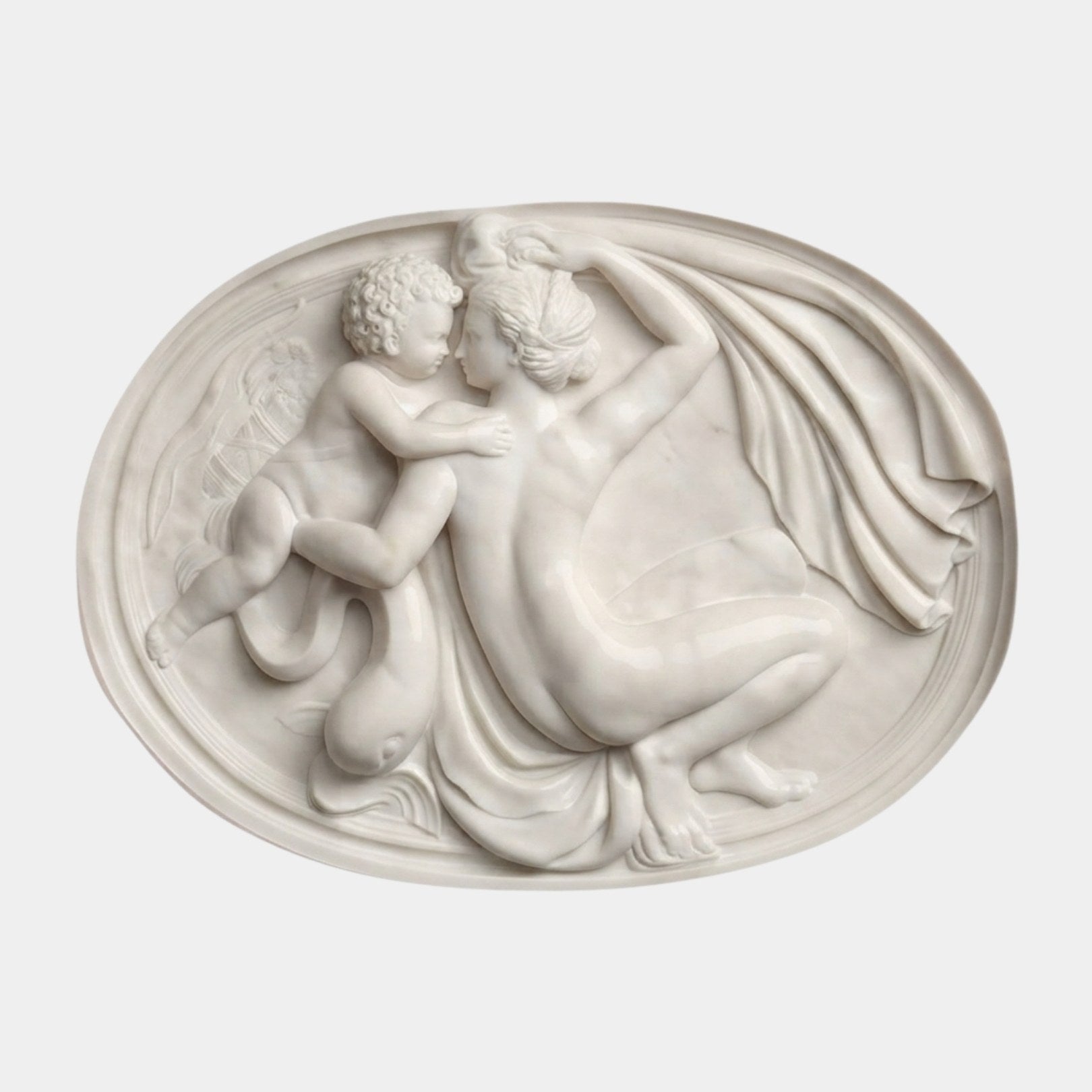 White marble oval relief plaque 50cm across with Venus reclining and a winged Cupid