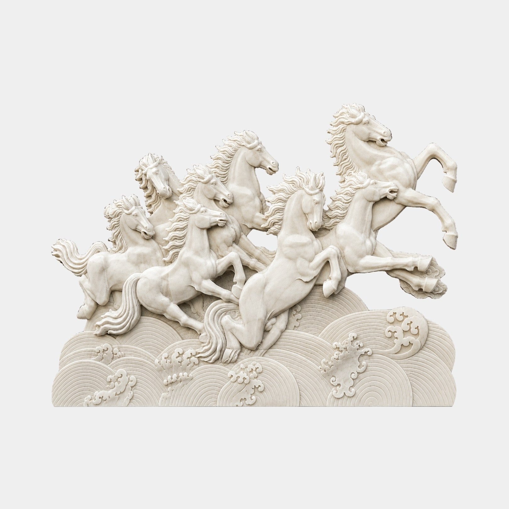 Cream marble relief panel 200cm with eight horses galloping over carved stylised waves