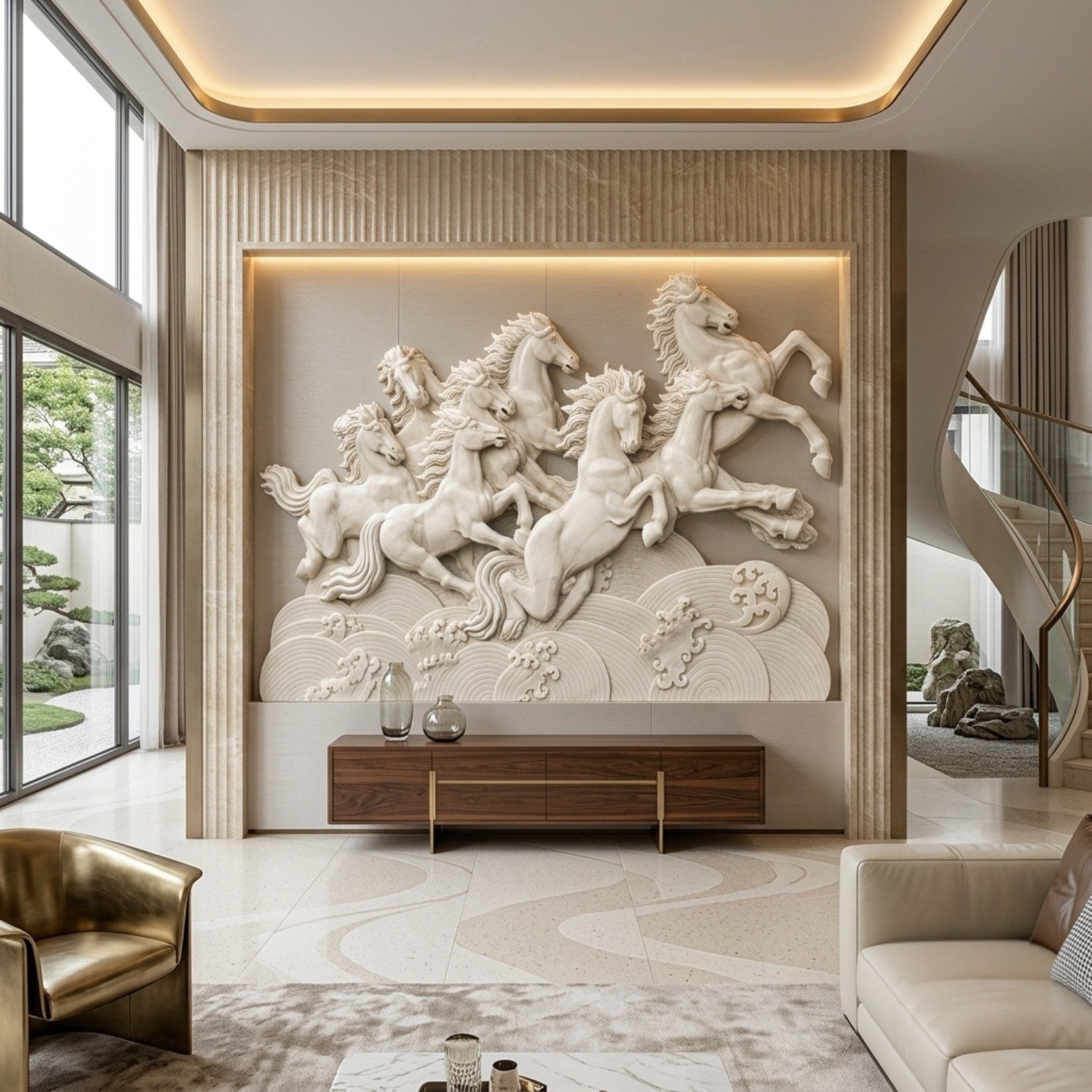 Eight horse cream marble relief shown wall-mounted in a lit recess above a sideboard