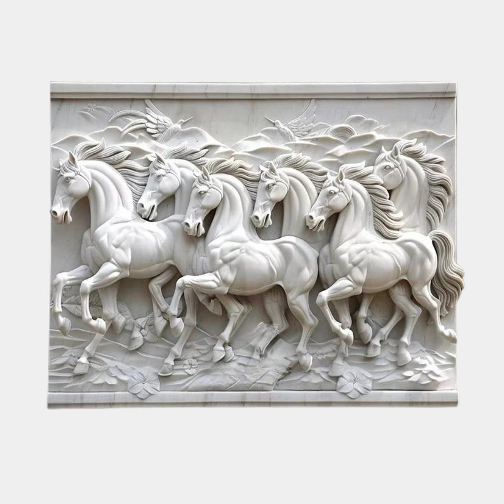 White marble relief panel 180cm wide with six horses galloping in high relief