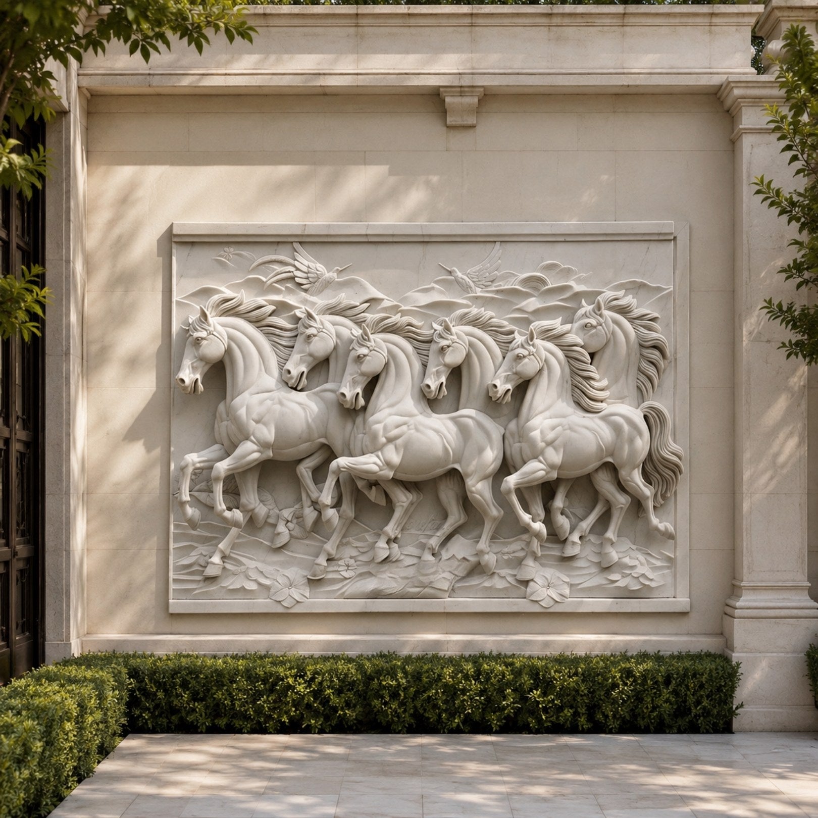 Six galloping horses marble relief panel shown above a long sideboard