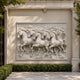 Six galloping horses marble relief panel shown above a long sideboard