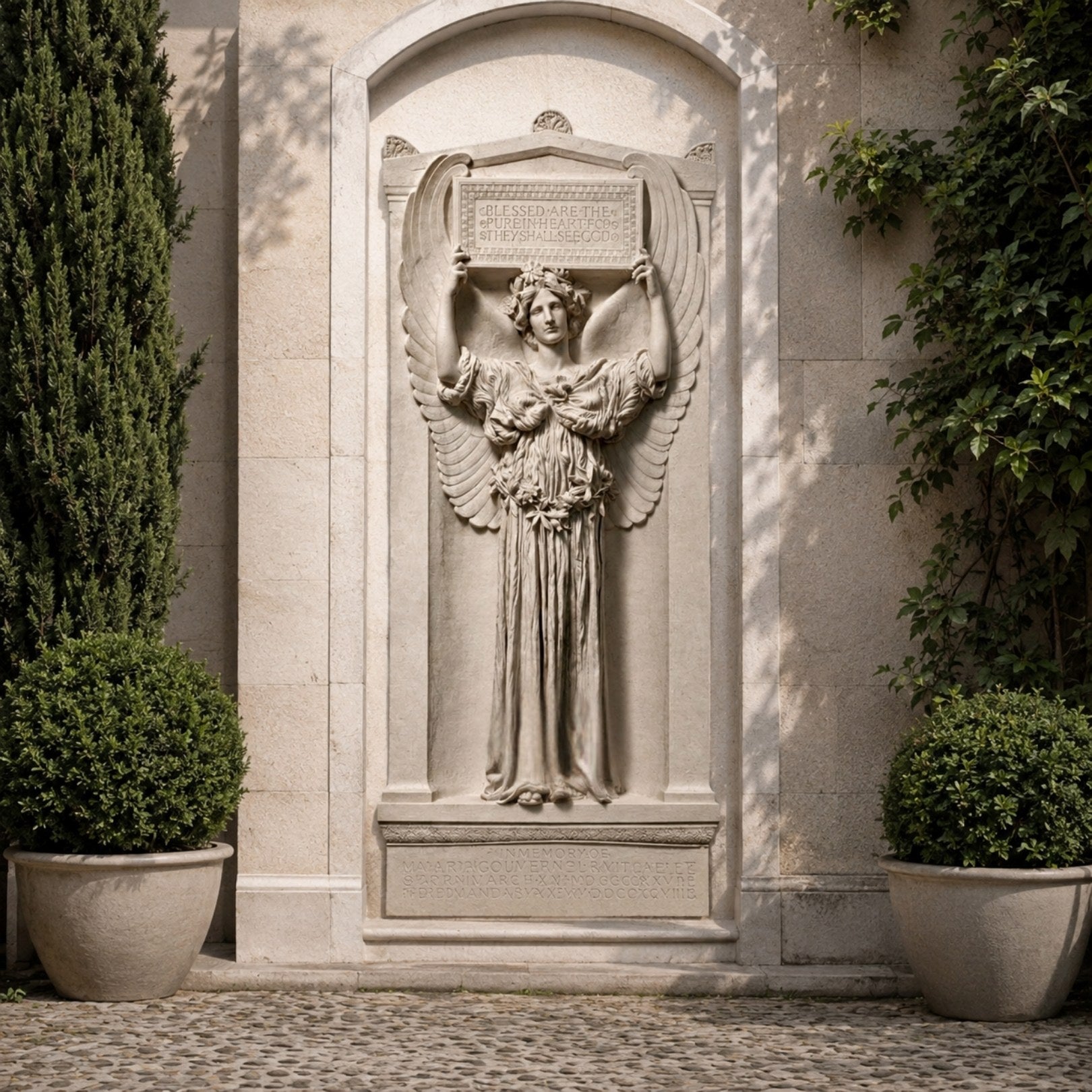 Marble memorial plaque with winged figure shown recessed into an ashlar garden wall