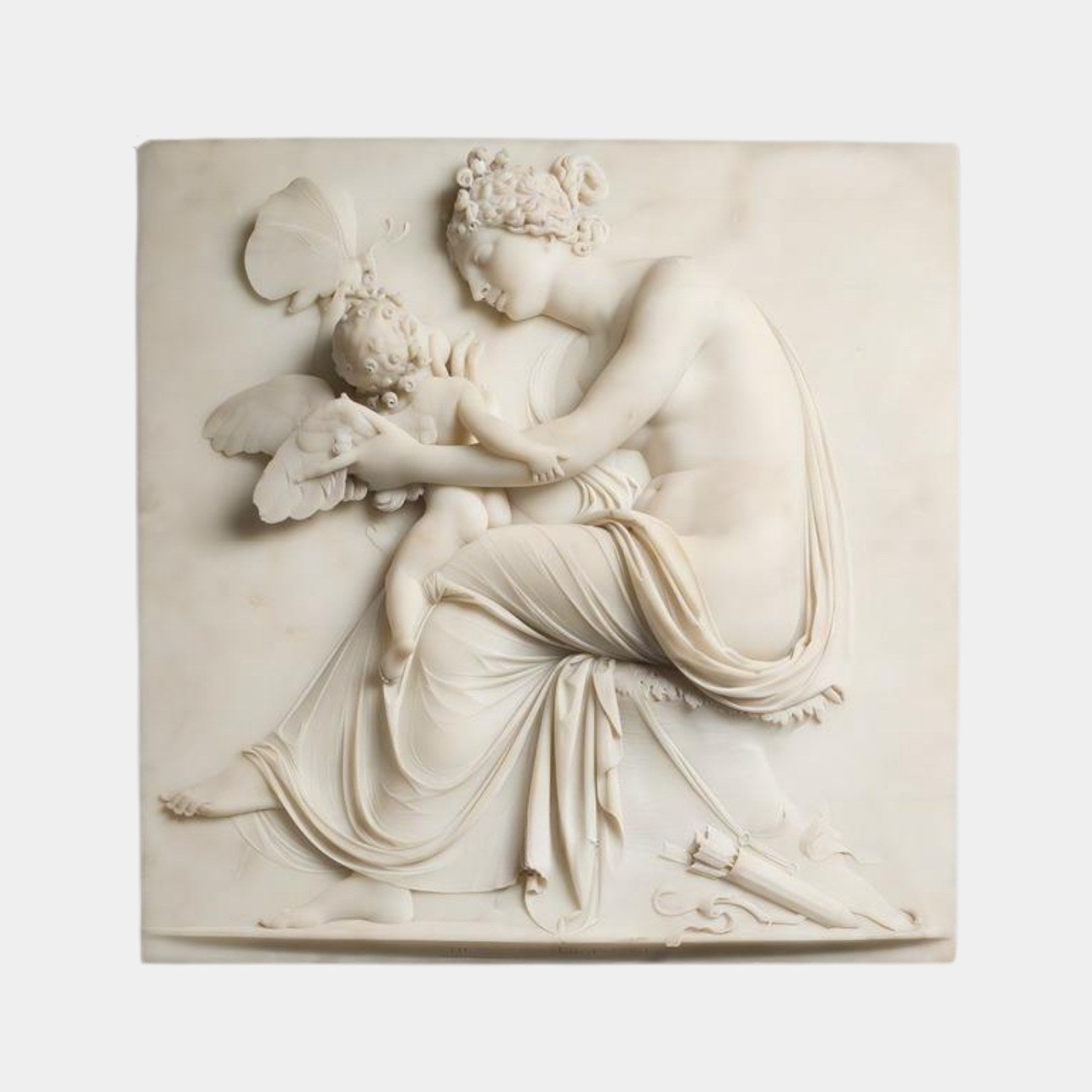 White marble relief panel 60cm with a seated woman, a winged infant and a butterfly