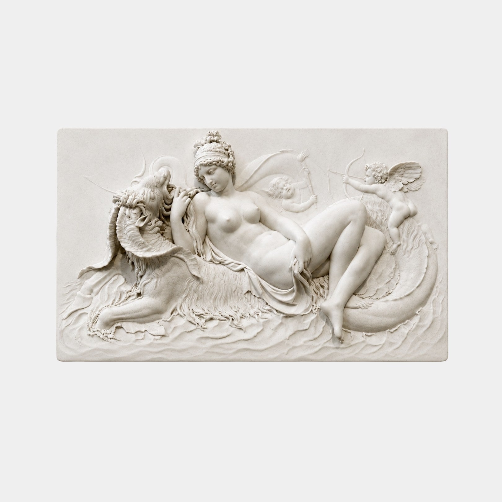 White marble relief panel 60cm wide with a reclining nude and two winged putti