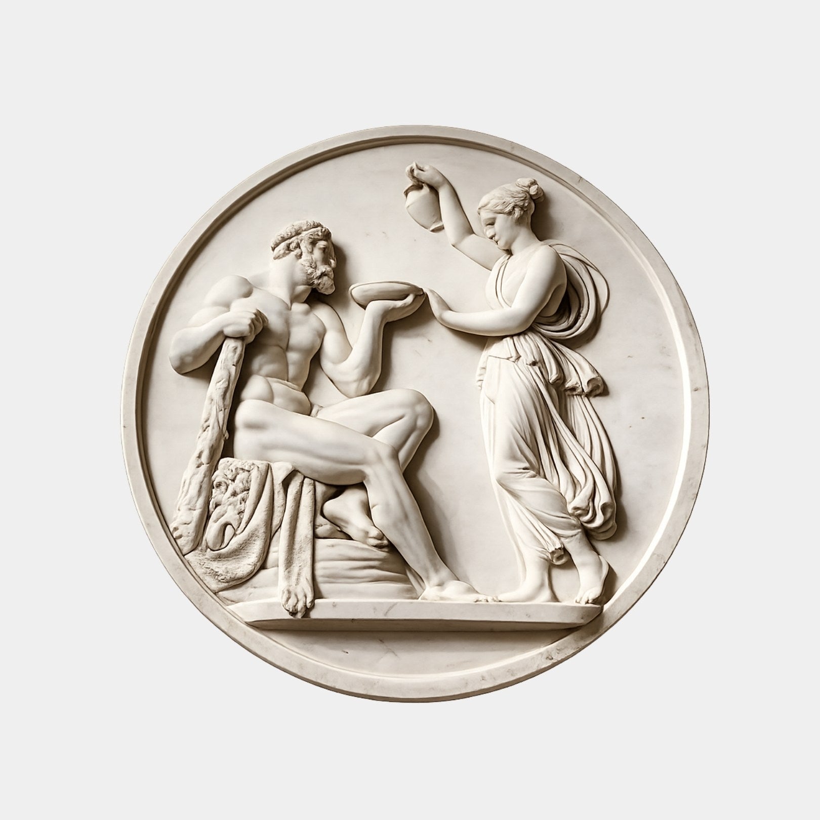 White marble circular relief roundel 60cm across with Hercules and Hebe