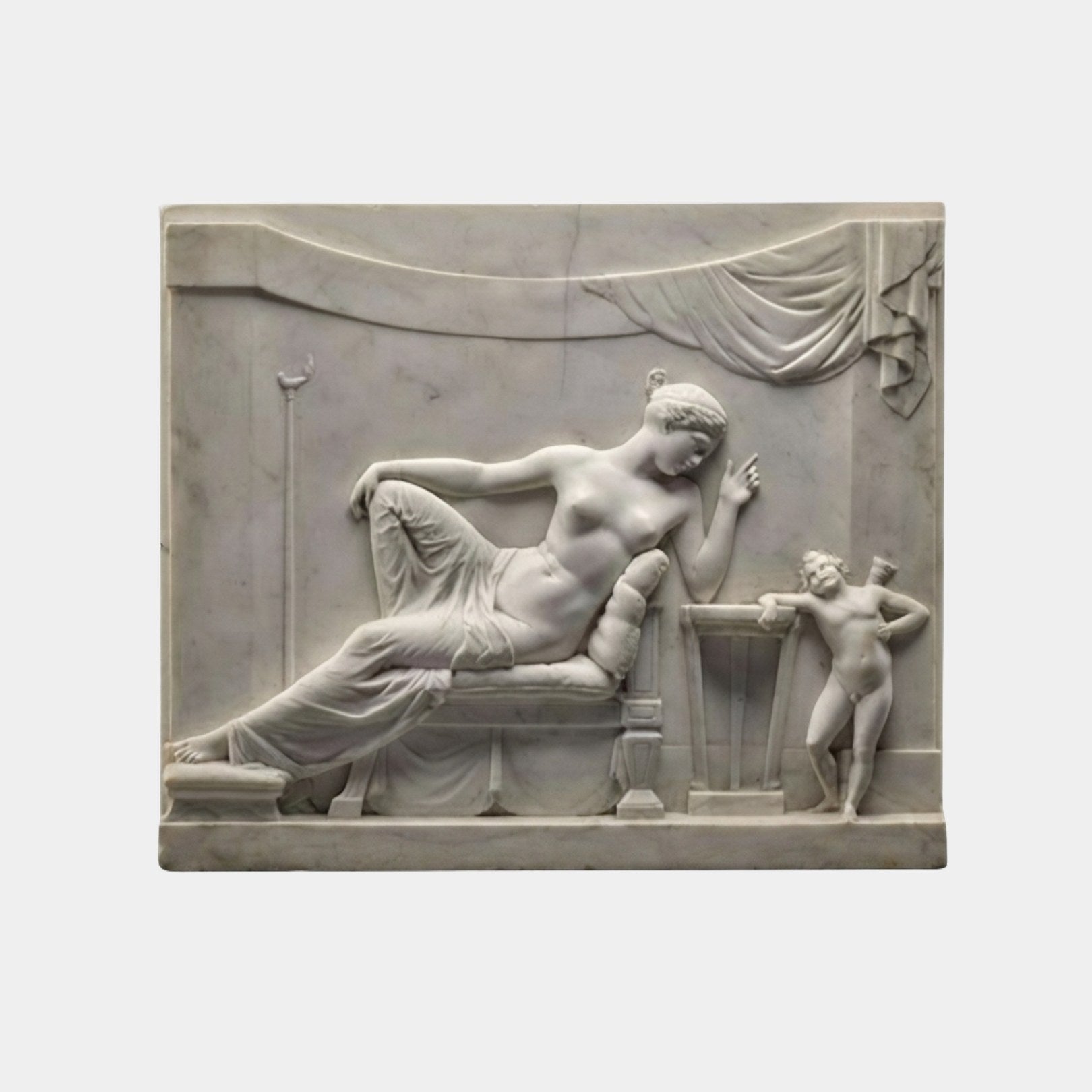White marble relief panel 80cm with a woman reclining on a couch and a child