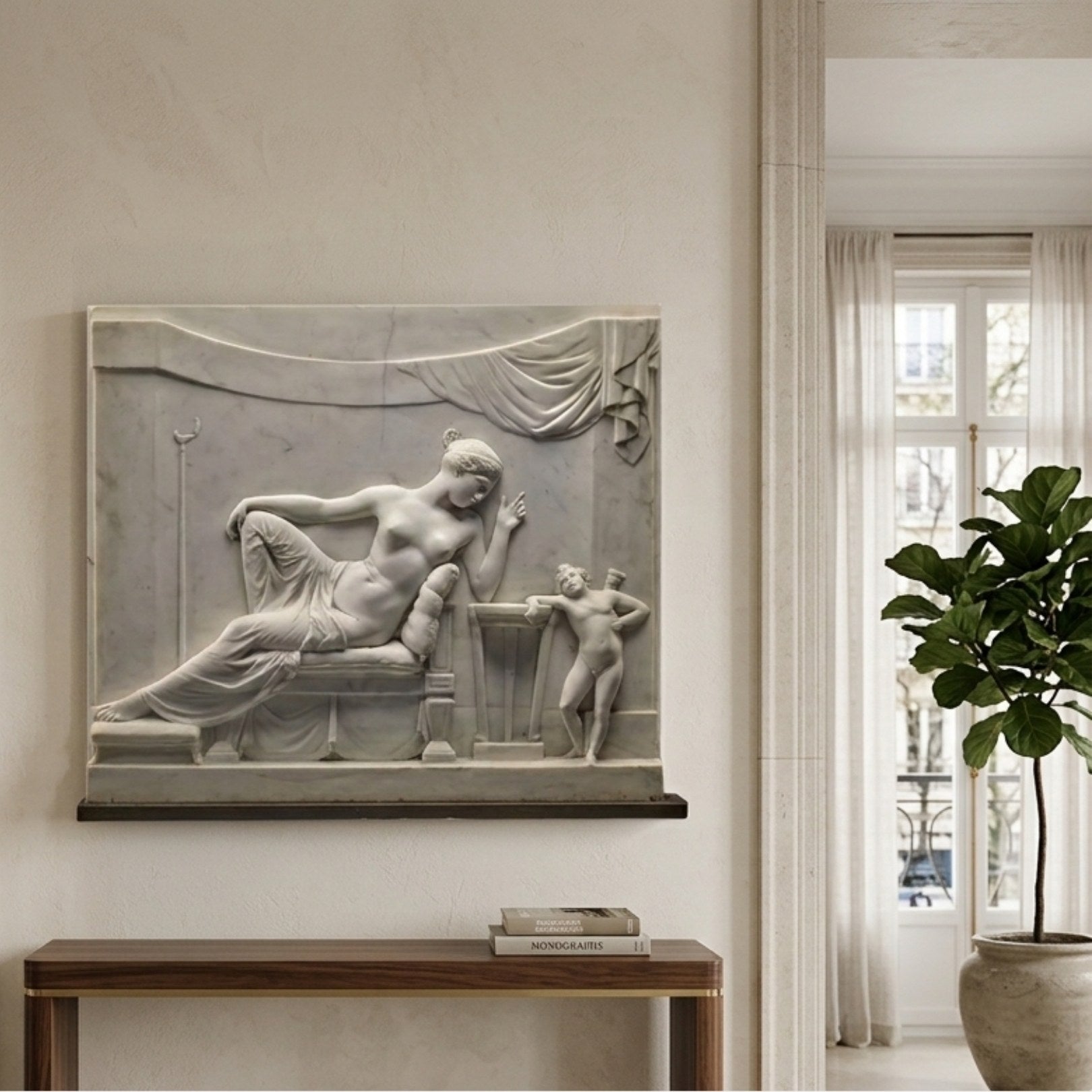 Classical marble interior relief panel shown on a dining room wall