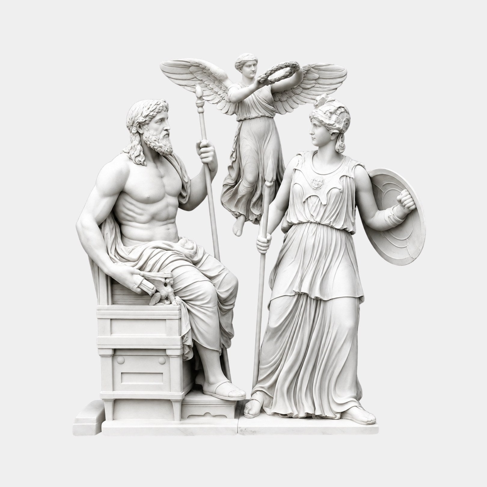 White marble group sculpture 150cm of Zeus enthroned with Athena and Victory