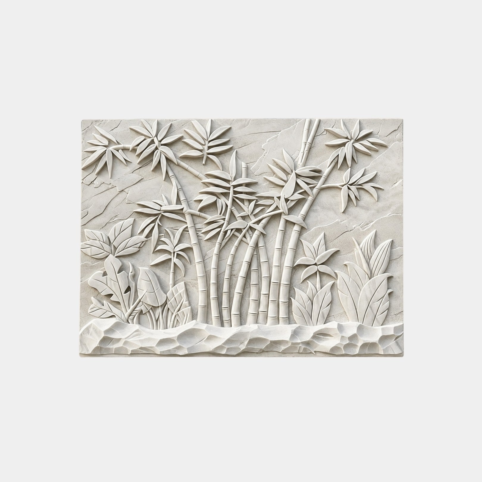 White marble relief panel 100cm wide with a bamboo grove above a rockery band