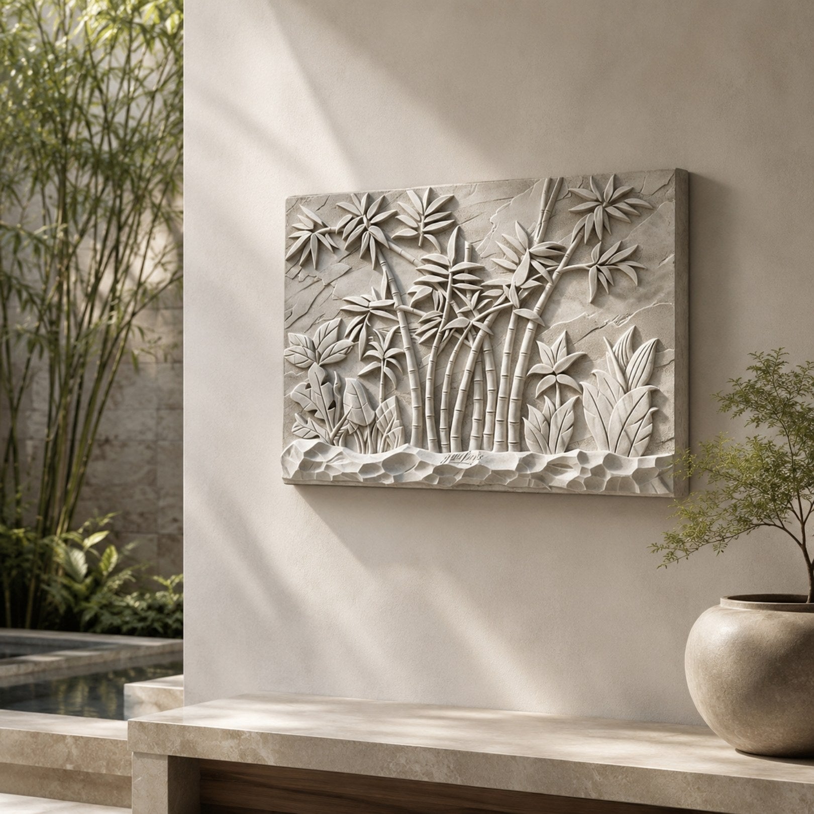 Bamboo grove marble relief panel shown on a courtyard garden wall
