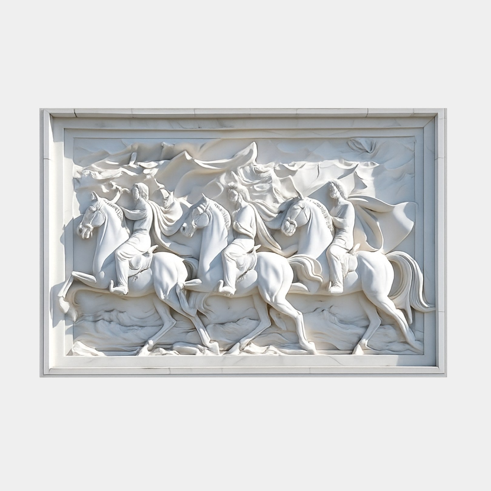 Marble relief panel 300cm wide with three riders on horseback in a landscape