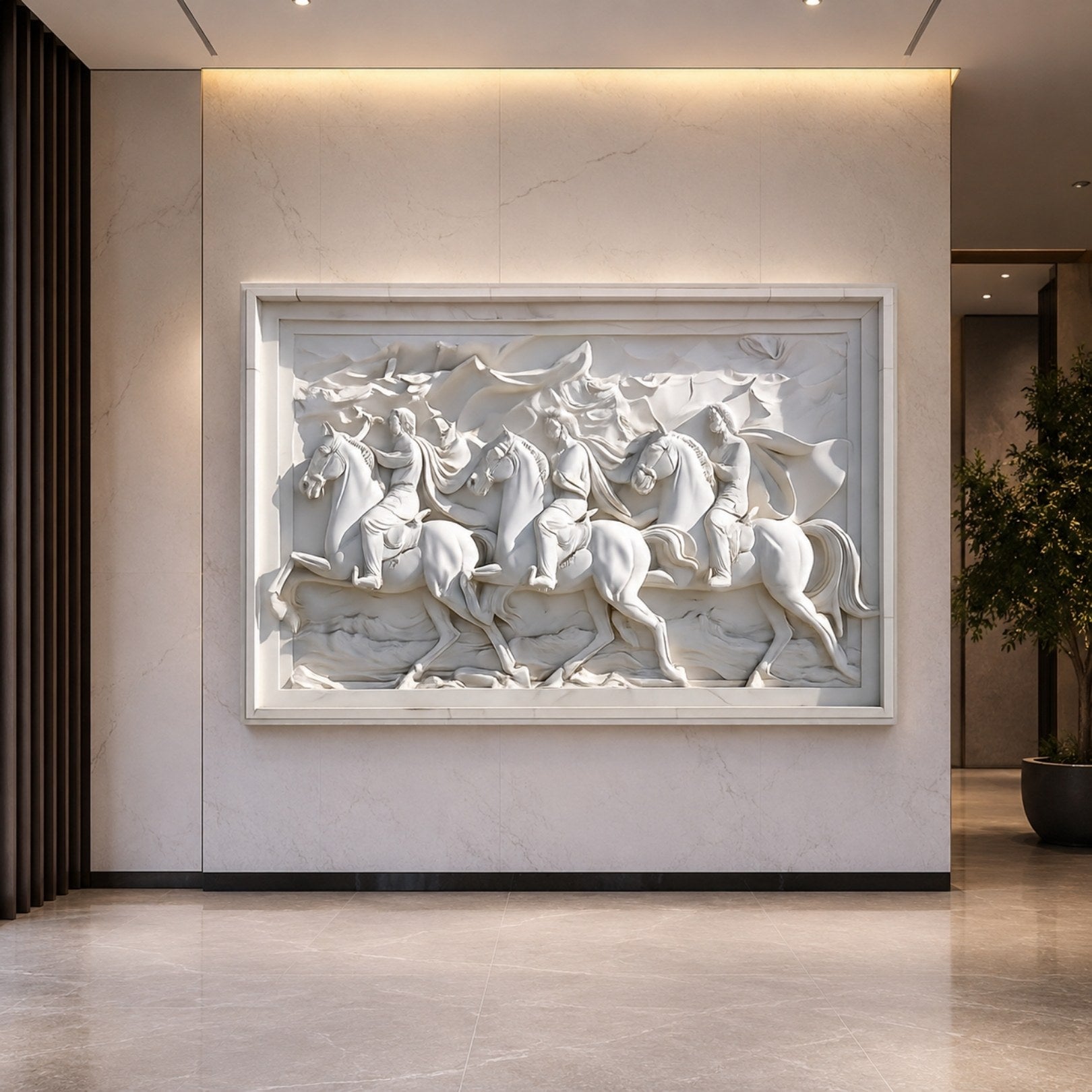 Three riders marble relief panel shown along a long gallery wall