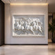 Three riders marble relief panel shown along a long gallery wall