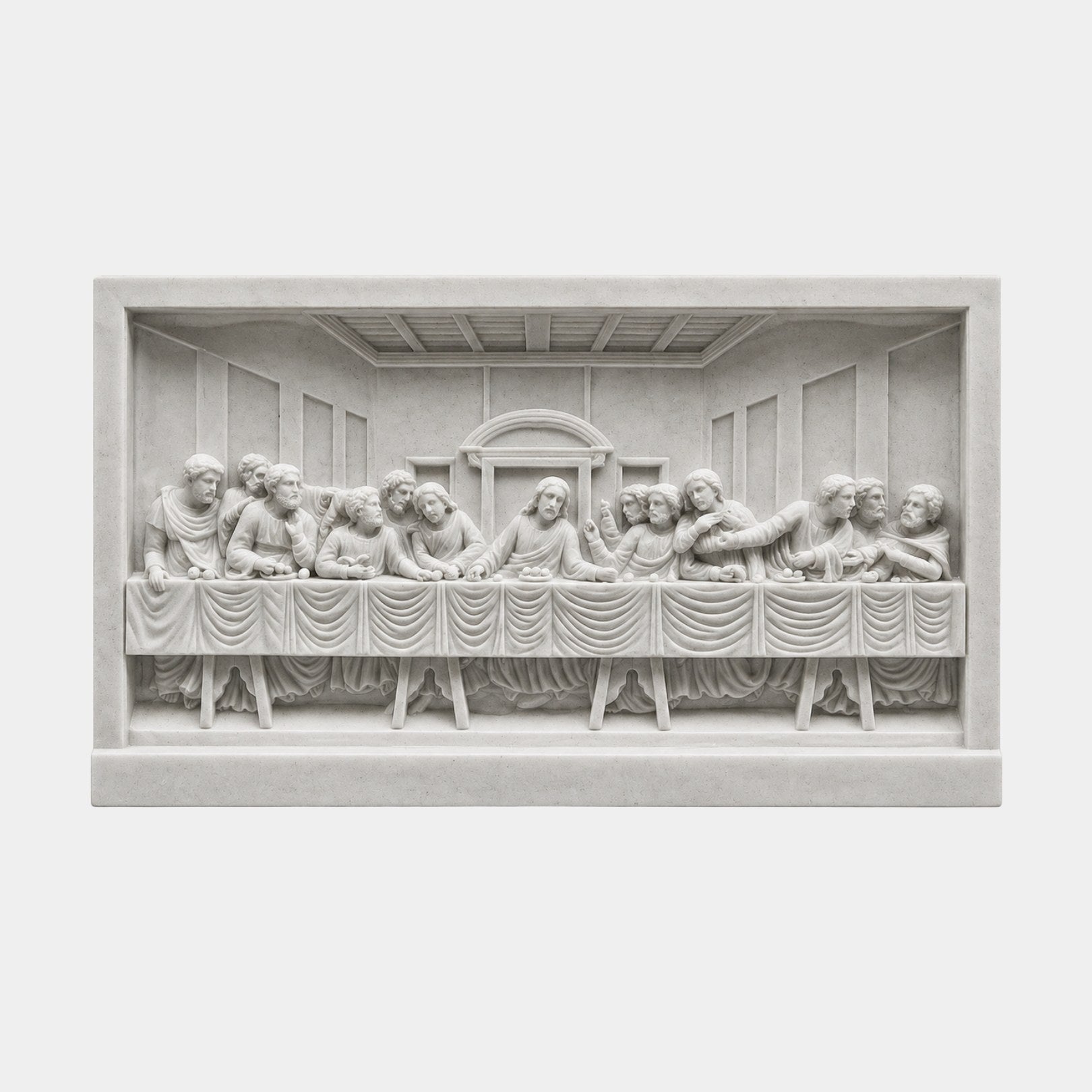 Stone Last Supper relief 60cm wide in a deep box frame with a projecting sill