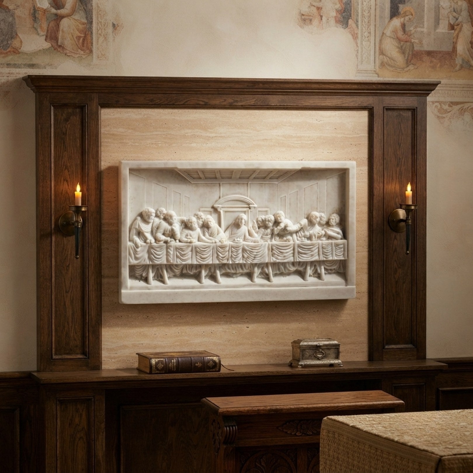 Box-framed stone Last Supper relief hung on a panelled overmantel above an oak sideboard