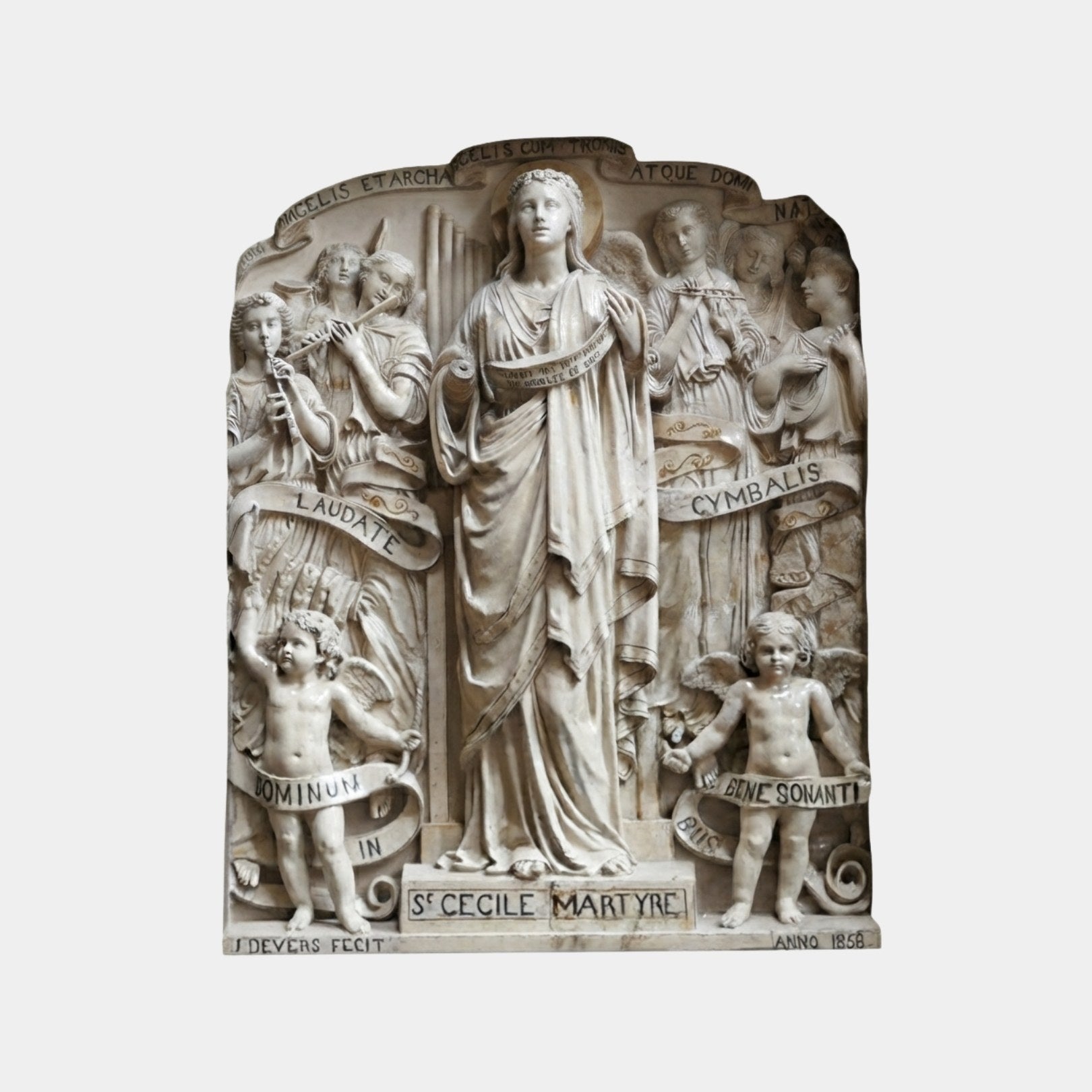 White marble relief panel 180cm with a crowned figure at an organ and attendant angels