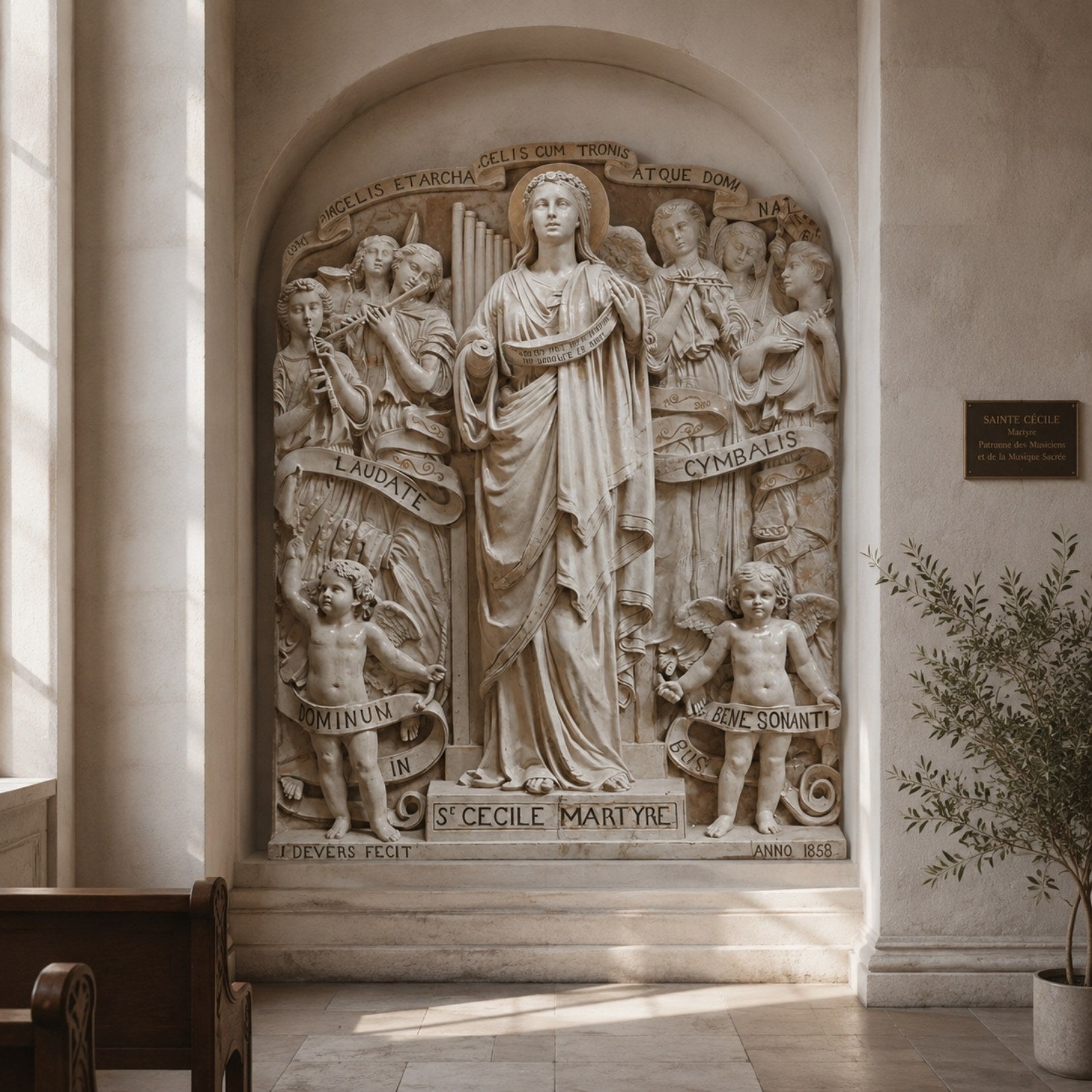 Marble relief shown set into an arched masonry niche in a chapel wall