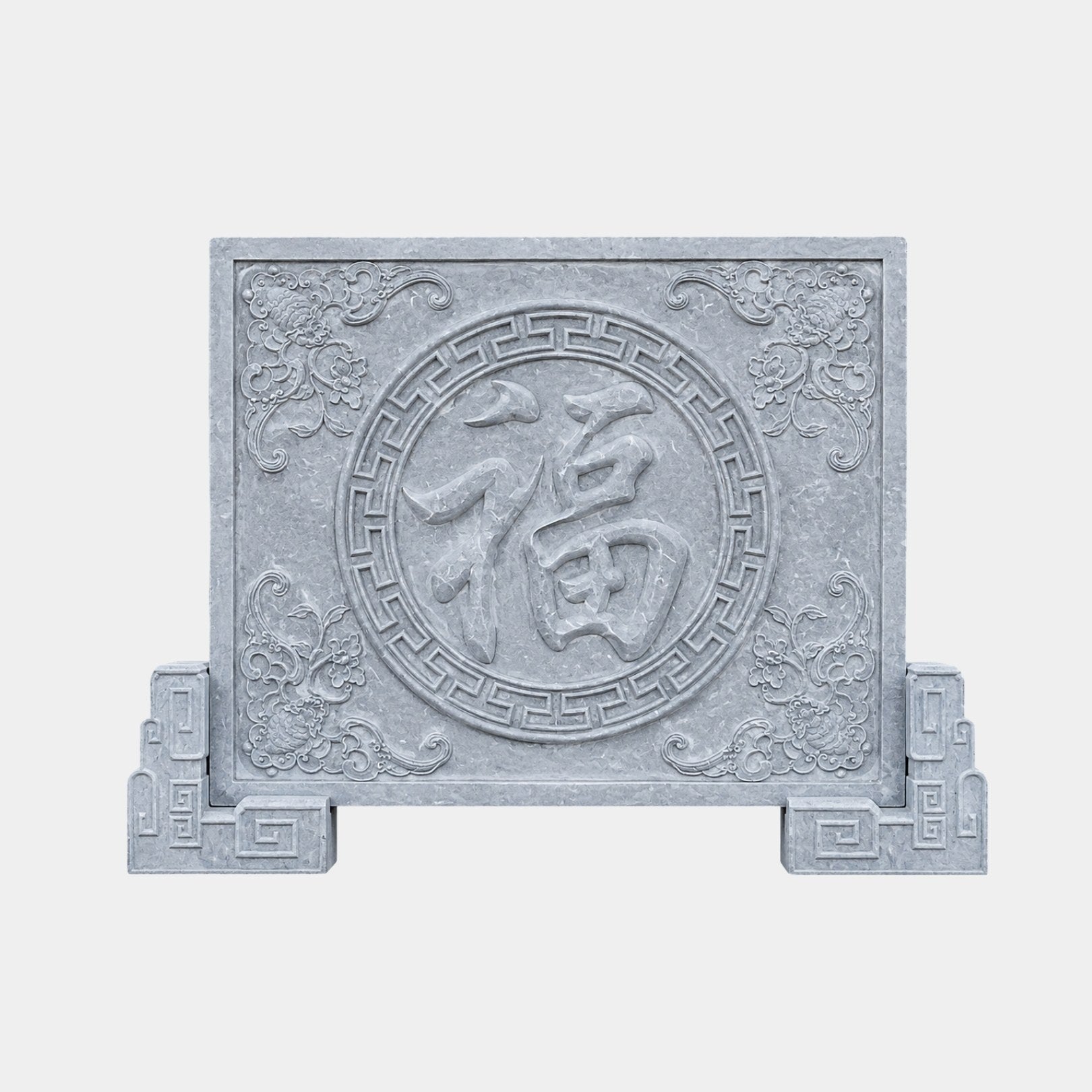 Grey granite garden screen 200cm carved with the blessing character in a fret medallion