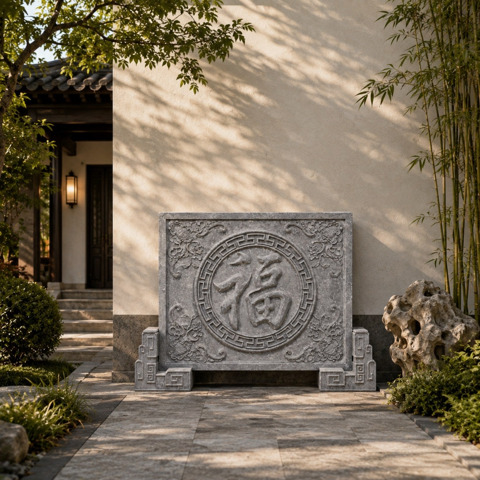 Grey granite blessing screen shown standing on a paved Chinese courtyard