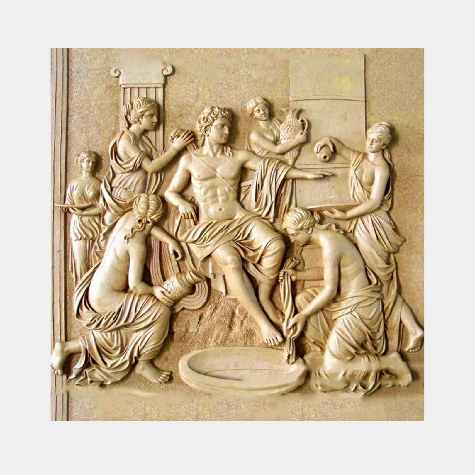 Stone relief panel 100cm with a seated youth attended by draped figures and a lyre