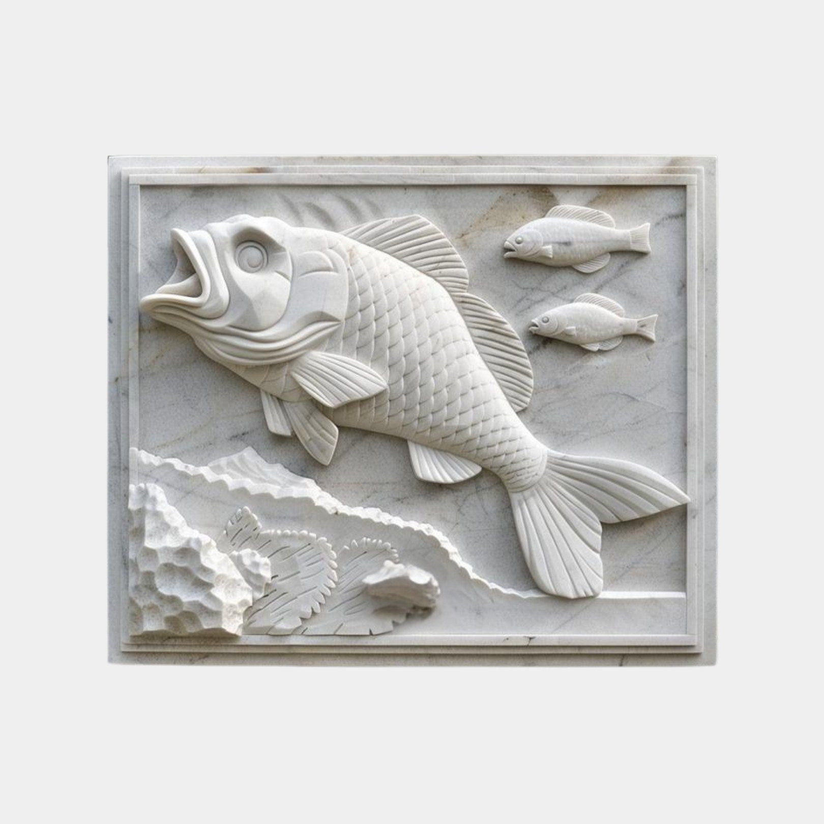 White marble fish relief panel 120cm wide with a large carp, coral and seaweed