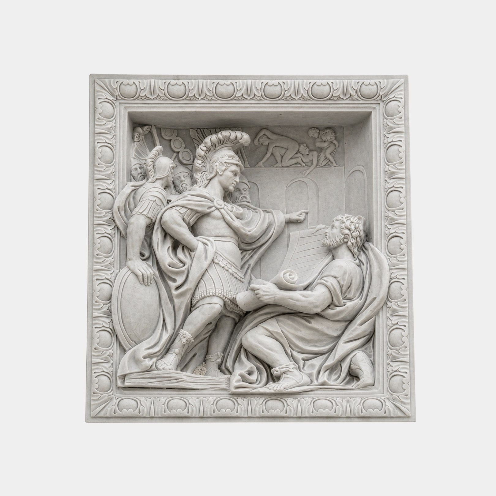 White marble narrative relief 150cm with a helmeted commander and a seated scholar
