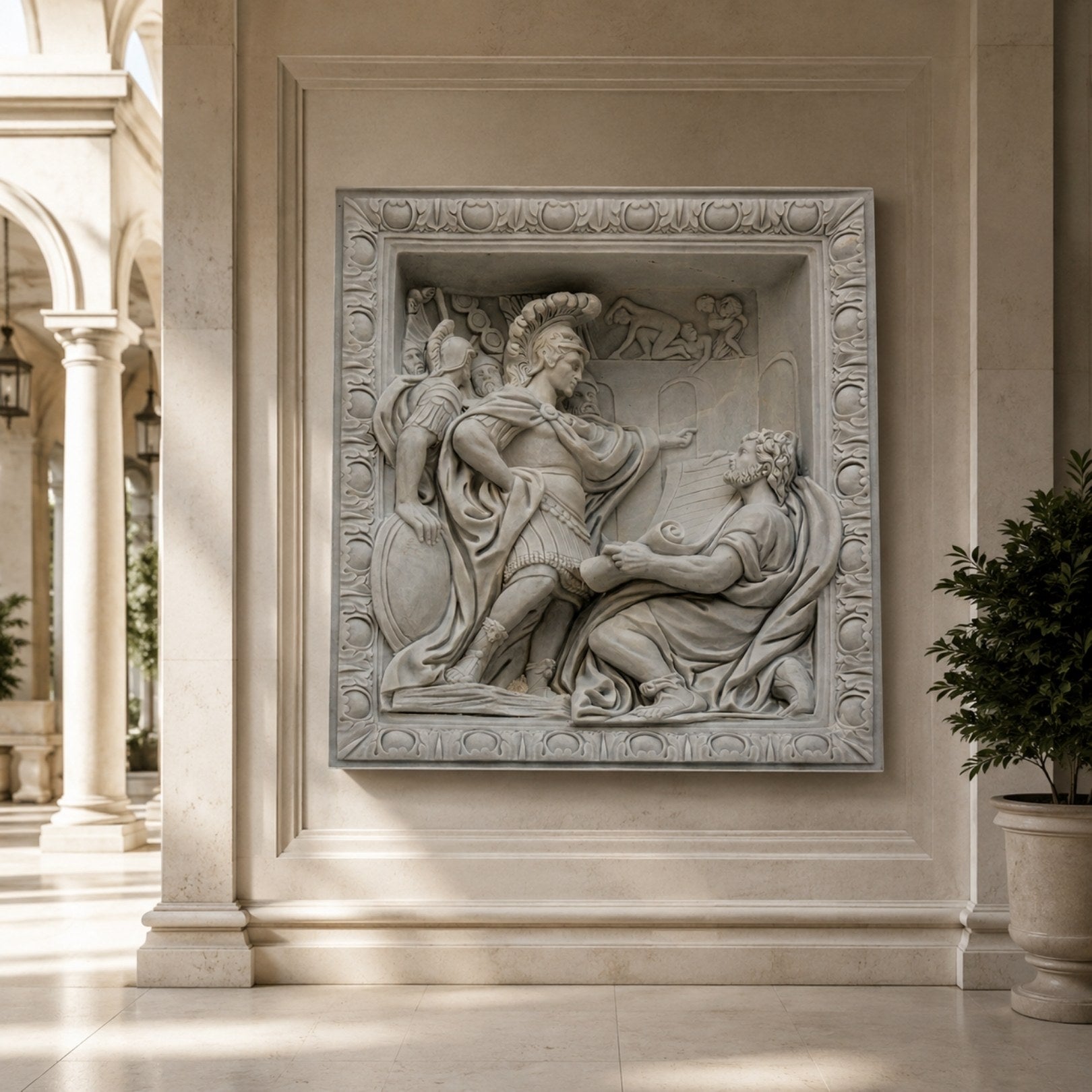 Commander and scholar marble relief panel shown on a library wall