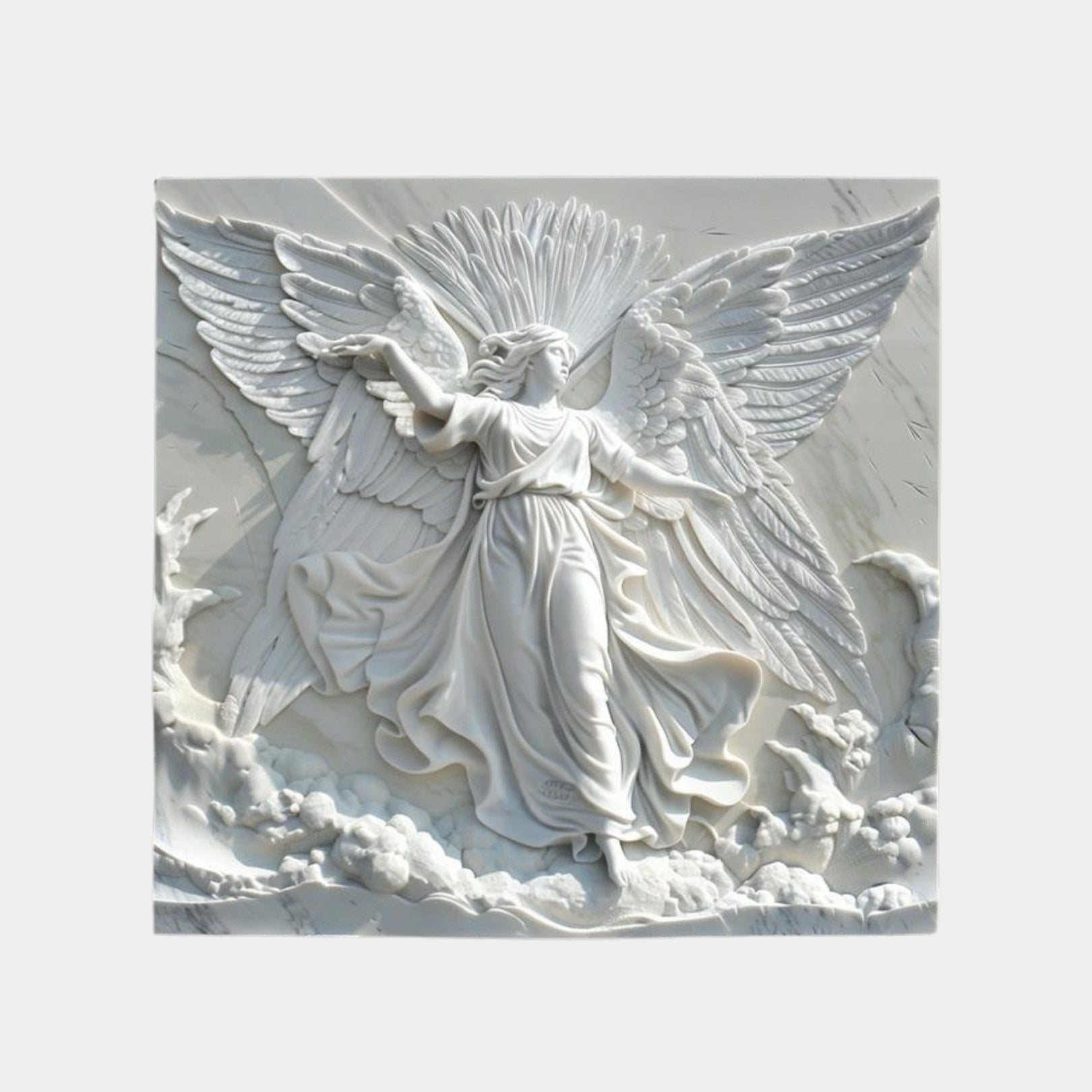 White marble relief panel 180cm with a striding winged figure above banked cloud