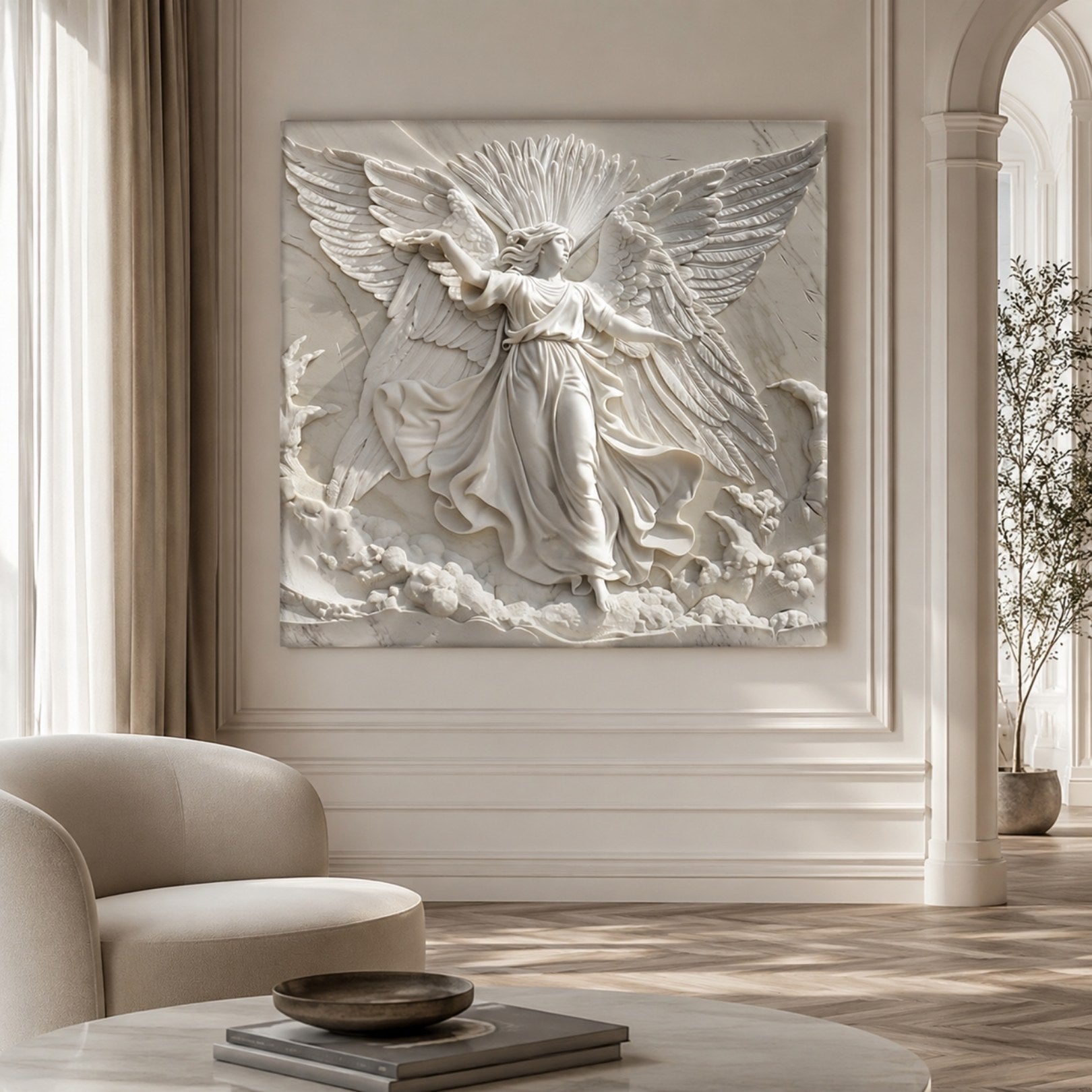 Marble striding winged figure relief shown wall-mounted on a panelled wall