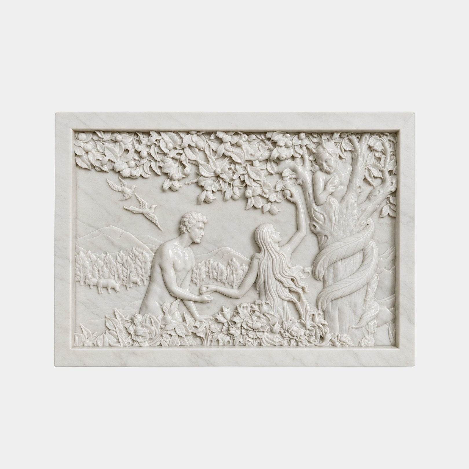 White marble relief panel 120cm wide with Adam and Eve exchanging the fruit in Eden