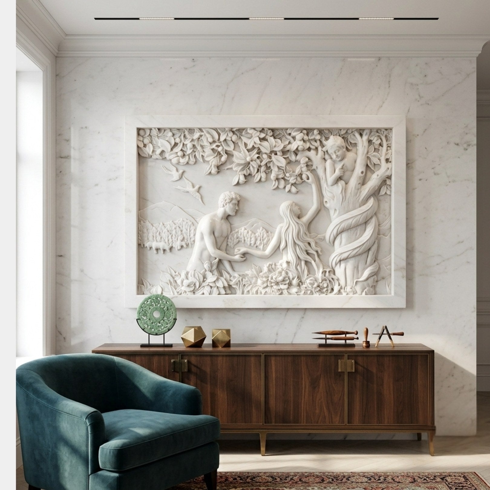 Adam and Eve in Eden marble relief panel shown on a dining room wall