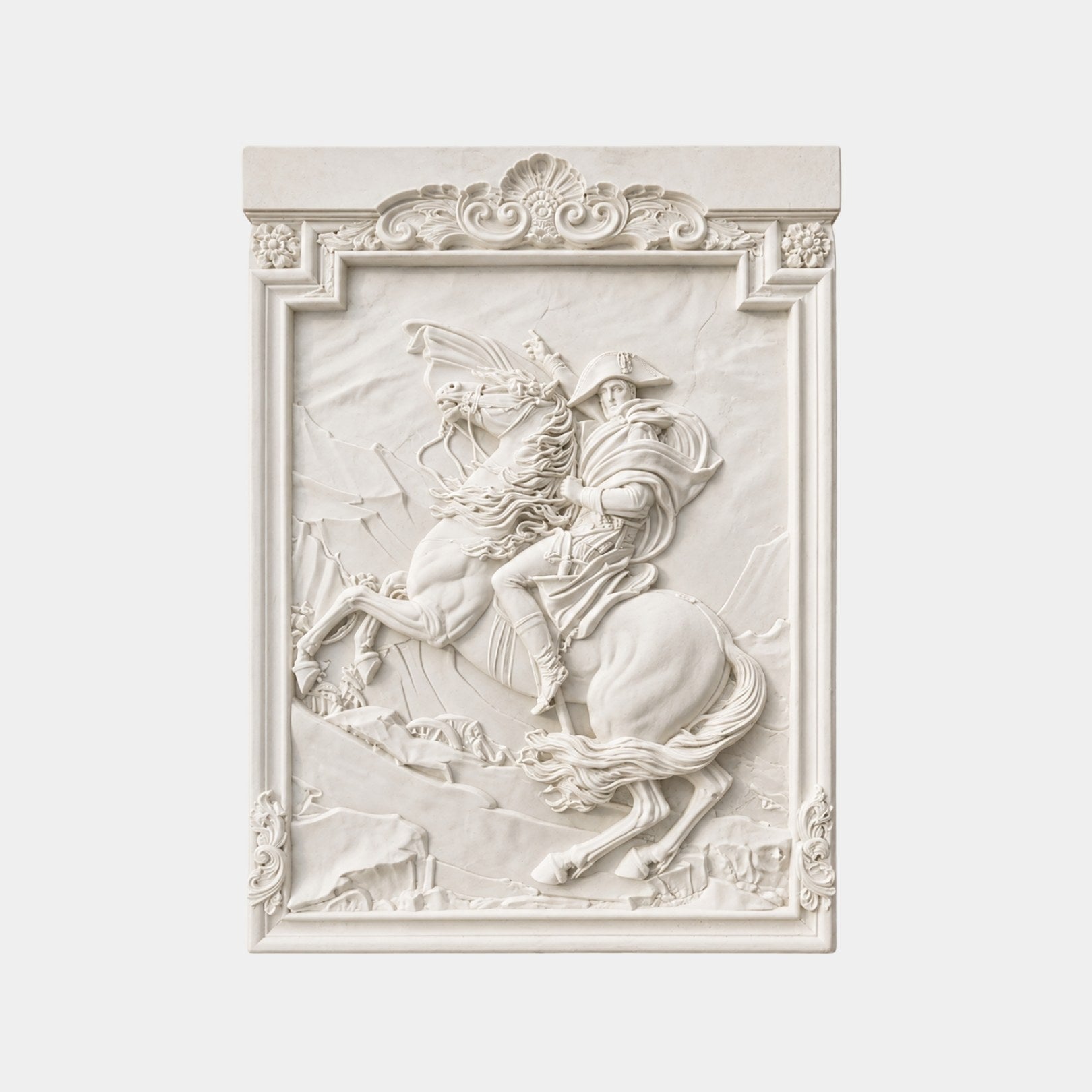 White marble relief panel 150cm with a rider on a rearing horse in a mountain pass