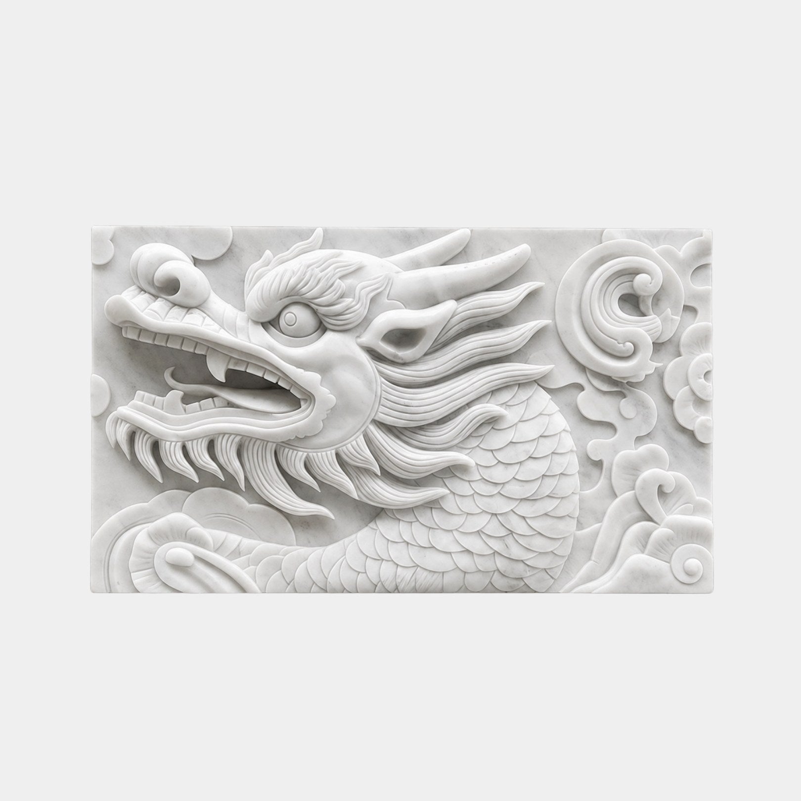 White marble relief 150cm wide with a Chinese dragon head among cloud scrolls