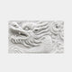 White marble relief 150cm wide with a Chinese dragon head among cloud scrolls