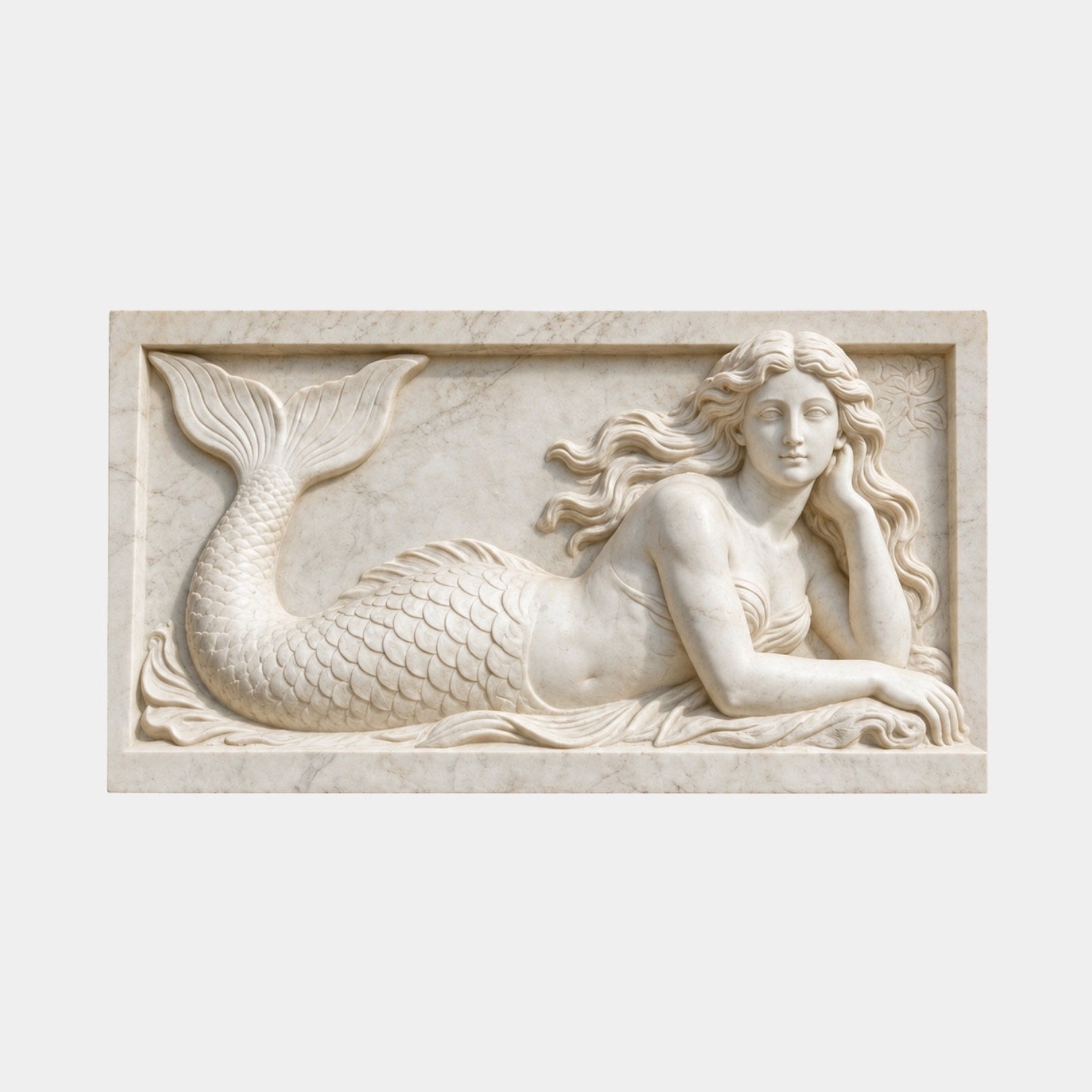 Cream marble relief panel 80cm wide with a reclining mermaid and a raised tail fluke