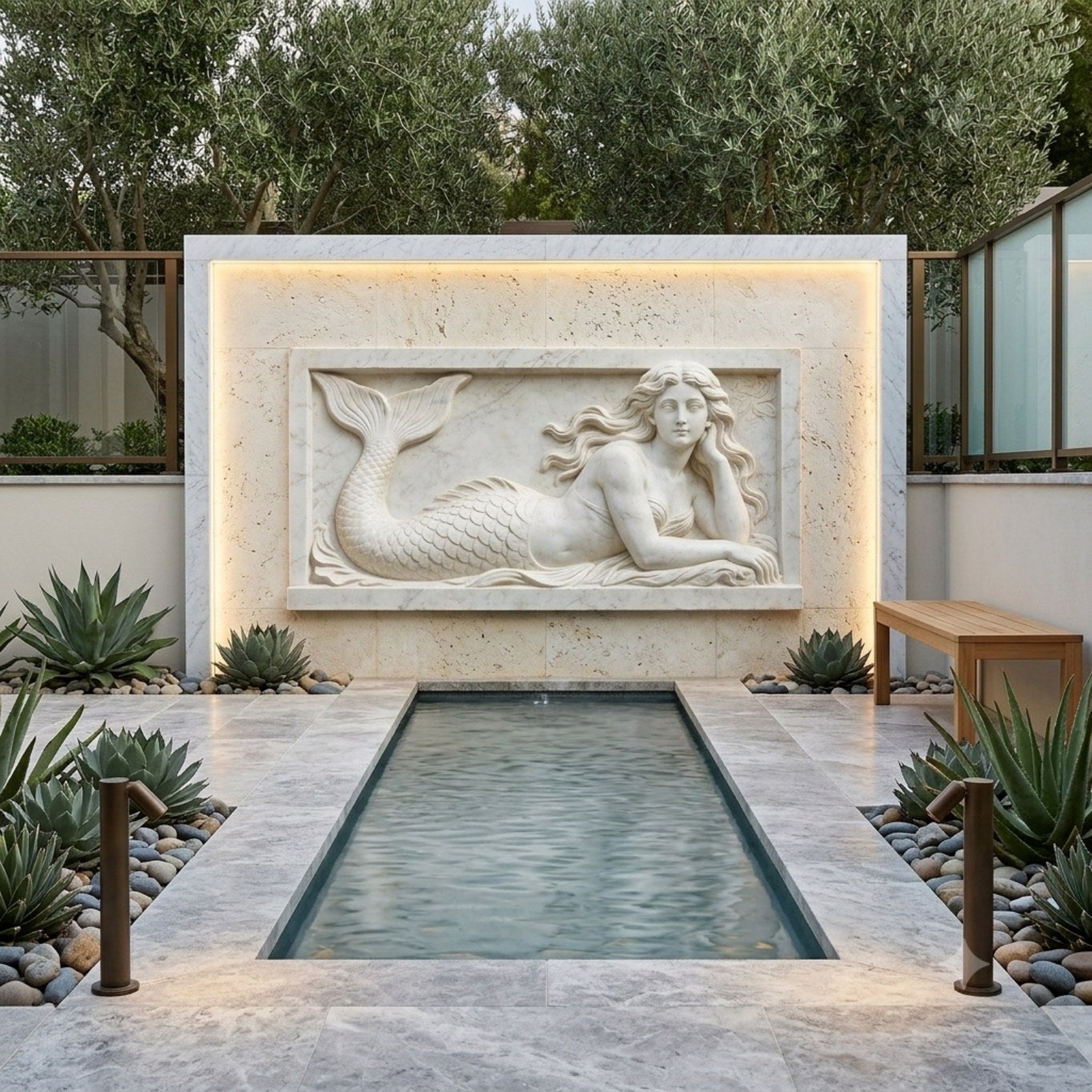 Reclining mermaid cream marble relief shown on a pool house wall