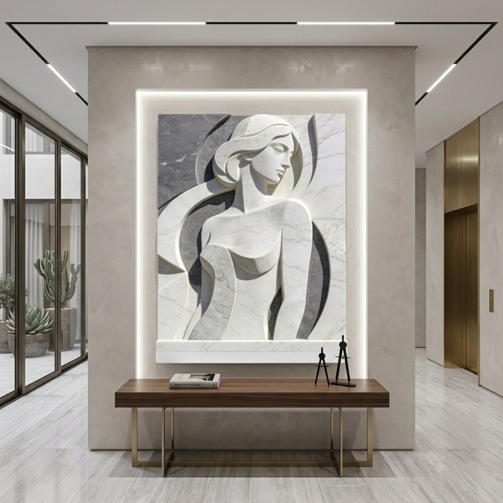 Art Deco two-tone marble relief shown on a plain lobby wall