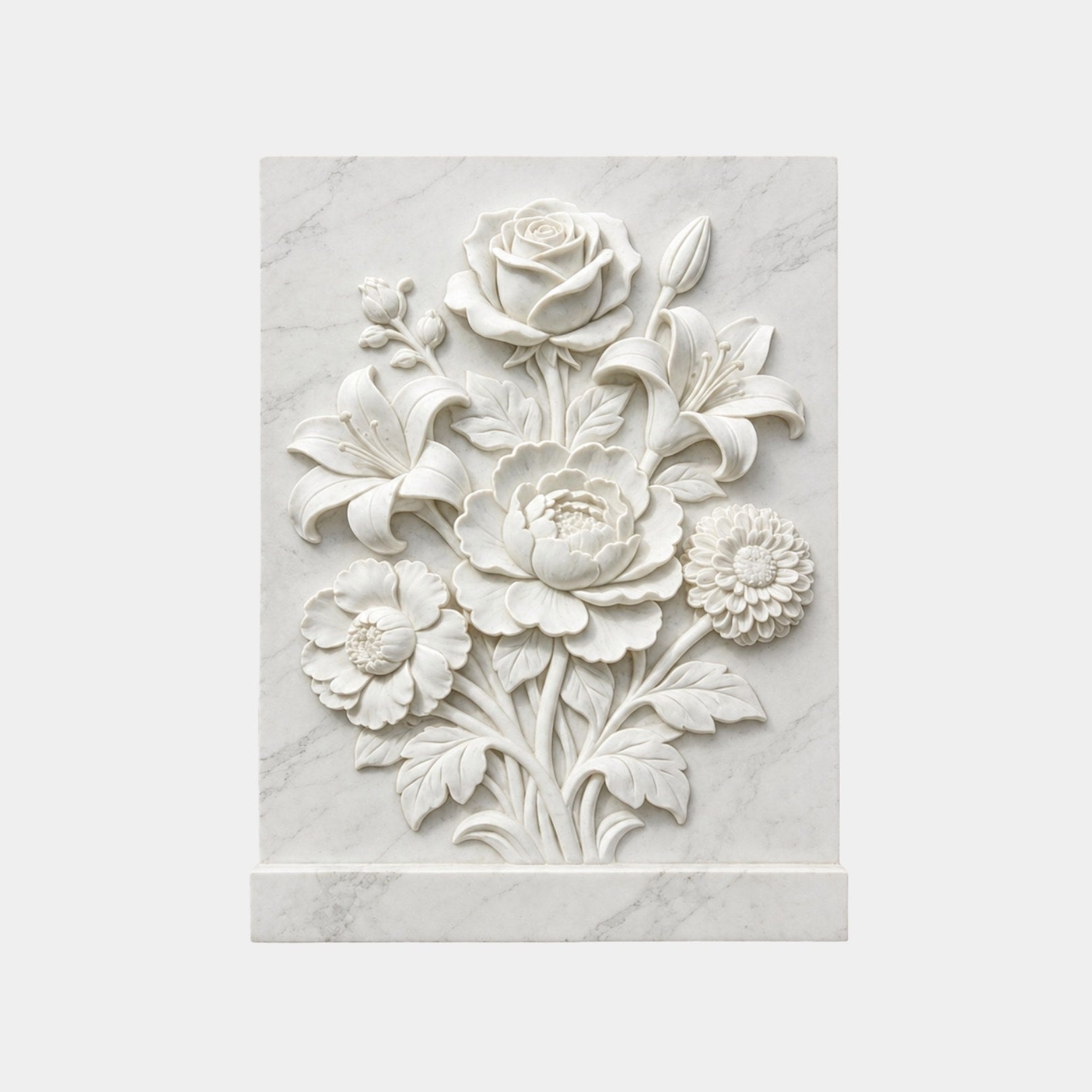 White marble relief panel 120cm with a carved bouquet of rose, lilies and peony