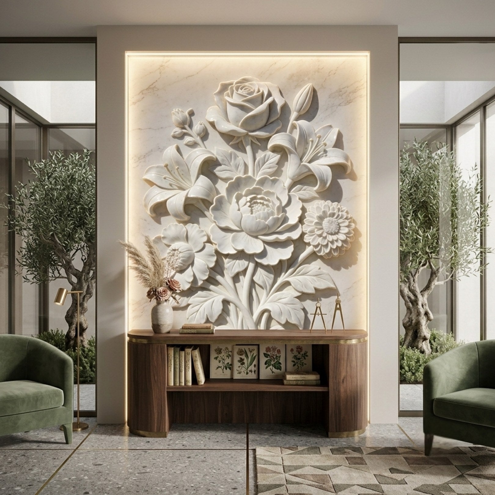 Floral bouquet marble relief panel set into an illuminated wall recess behind a walnut console