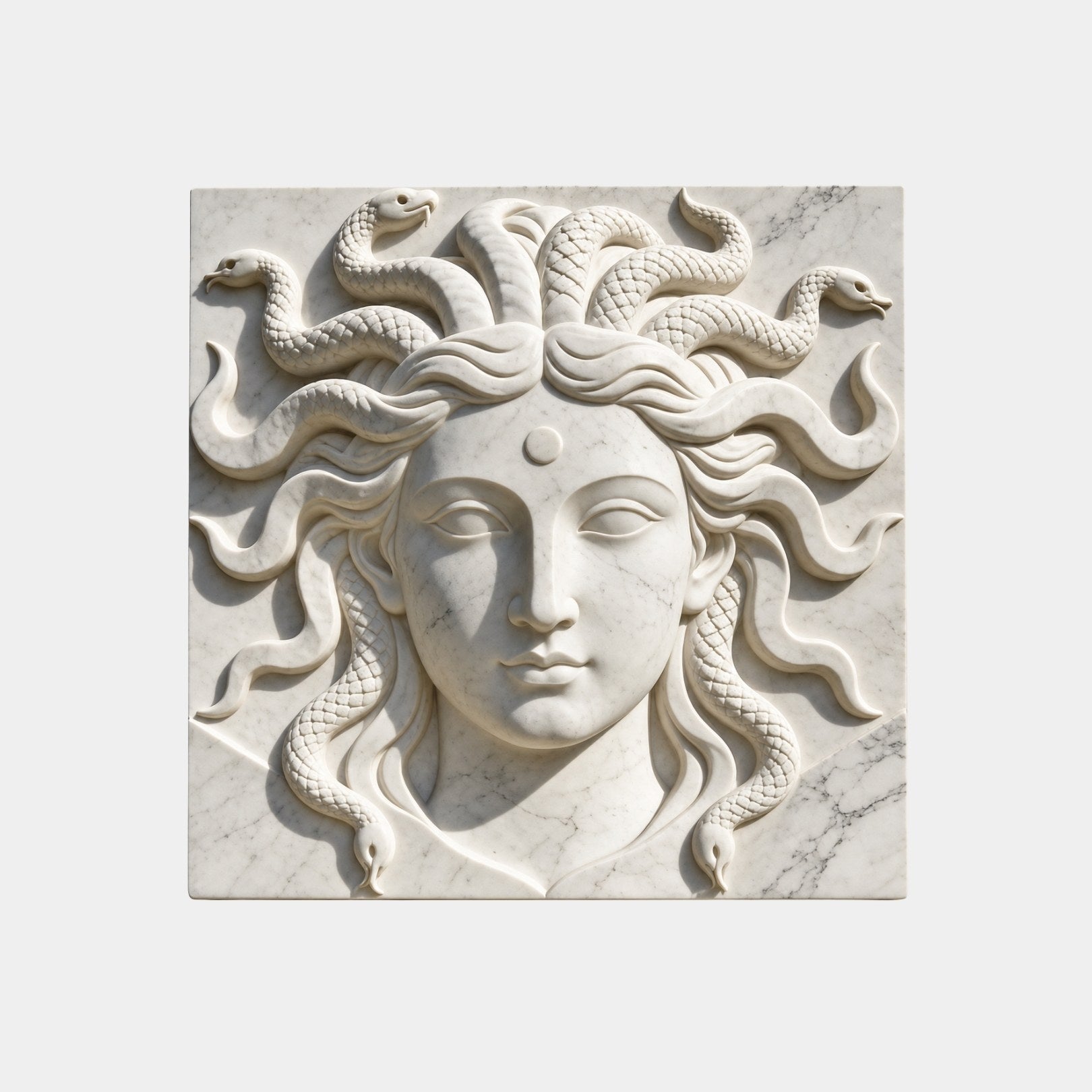 White marble relief slab 150cm with the Medusa head and undercut snake hair
