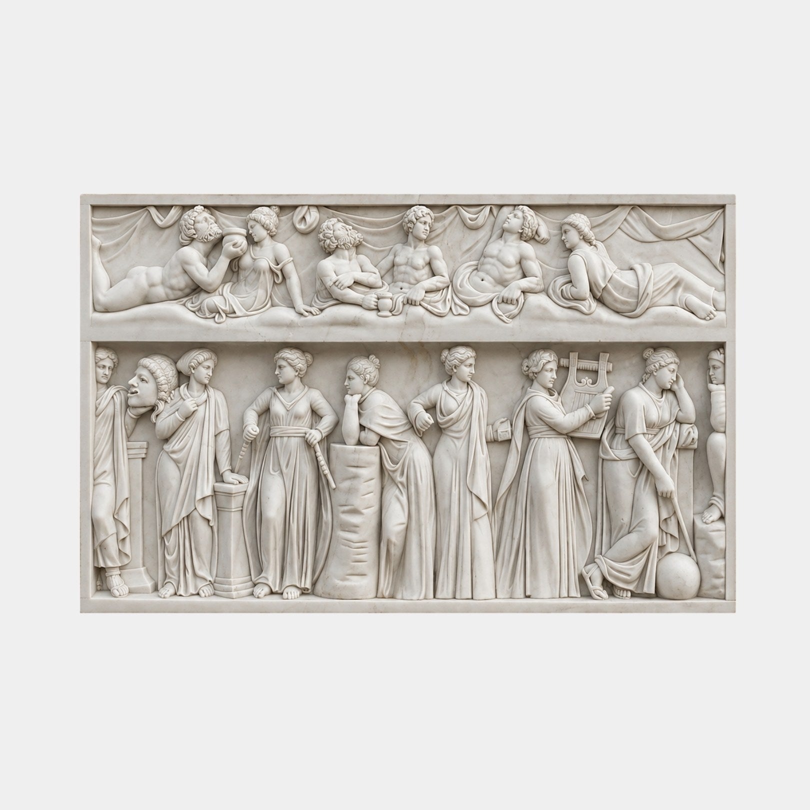 White marble two-register frieze 100cm wide with a banquet above a procession