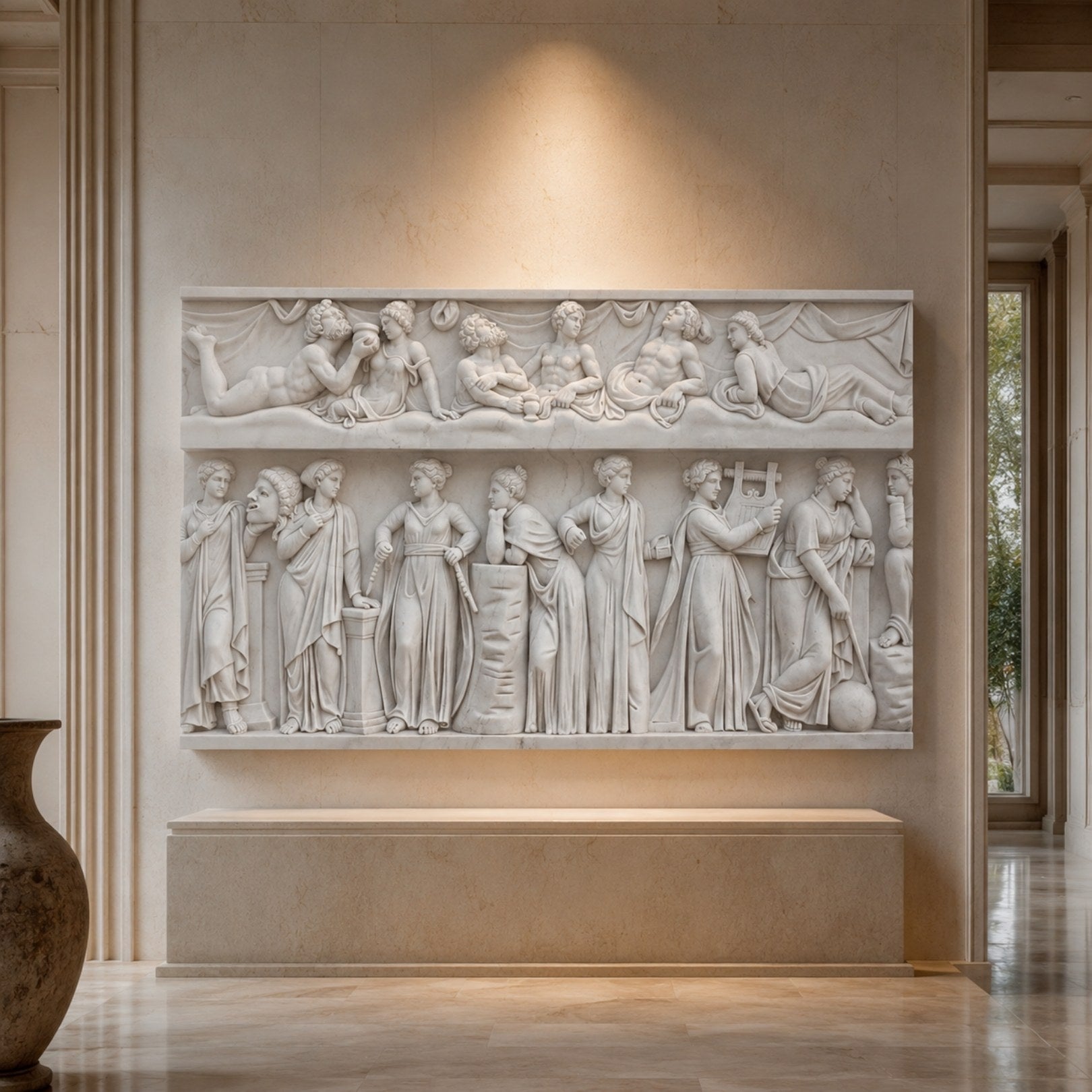 Two-register marble frieze shown along a library wall